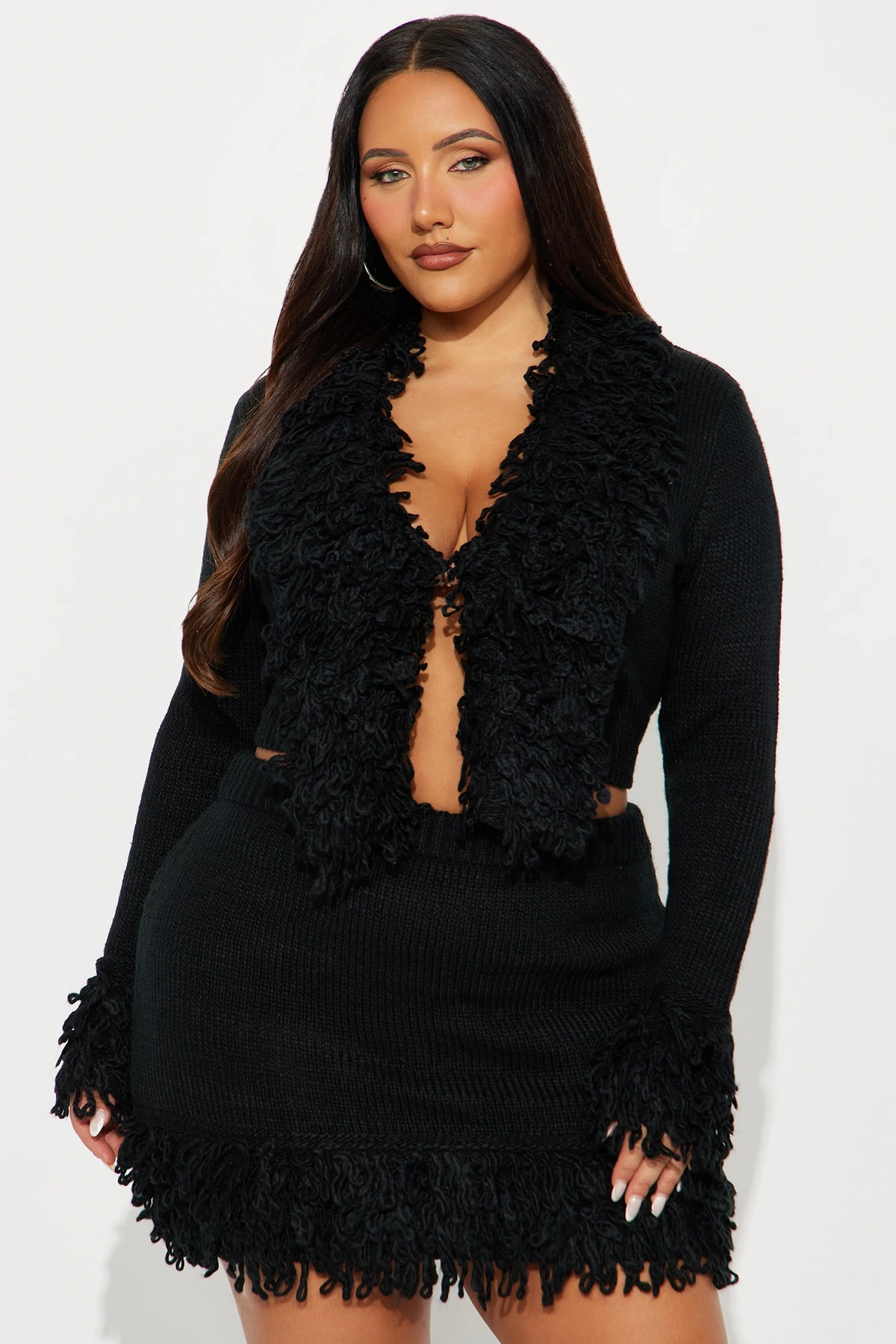 Nyla Fringe Sweater Cardigan Skirt Set - Black — Preto