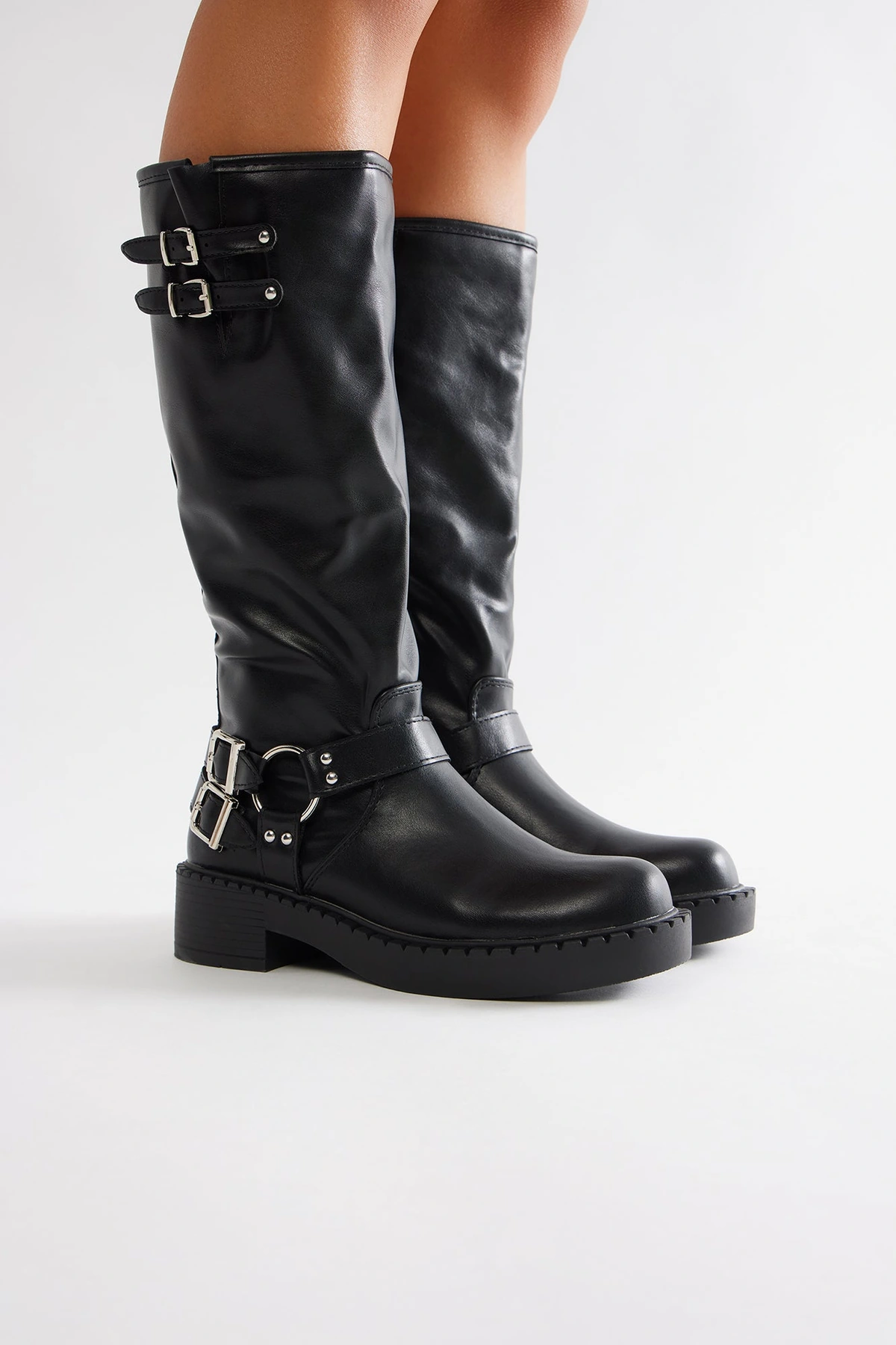 Miles Buckle Knee High Boots - Black — Preto