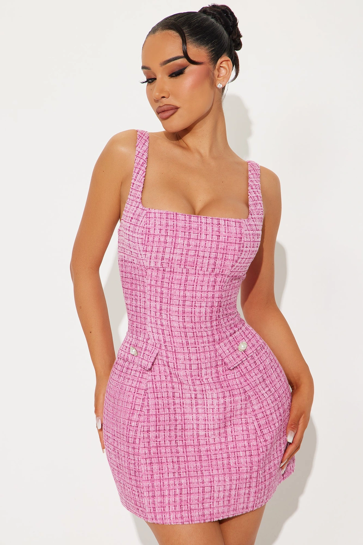 Honored To Be Here Tweed Micro Mini Dress - Pink/combo — Rosa/combinação