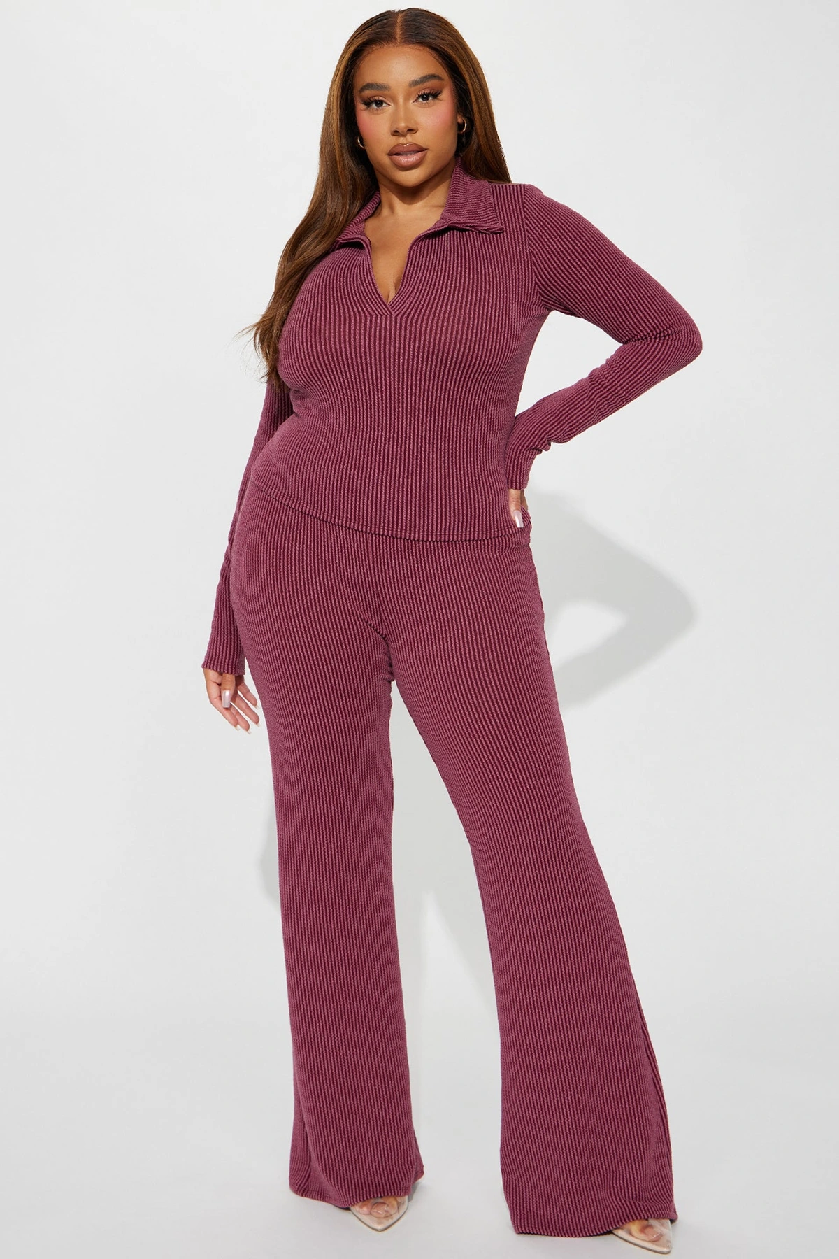 Josie Ribbed Long Sleeve Set - Burgundy — Bordô