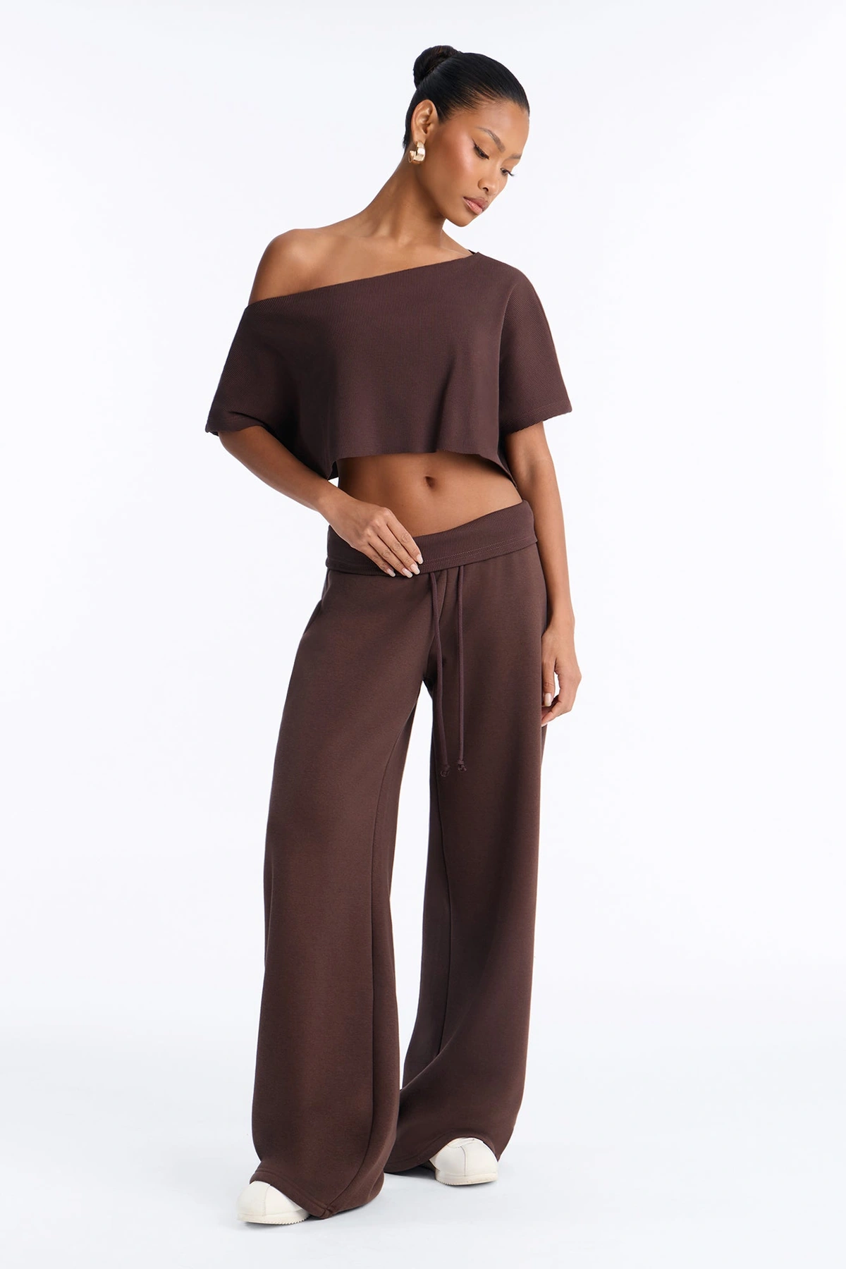 Mila Off Shoulder Top And Sweatpant Set - Chocolate — Chocolate