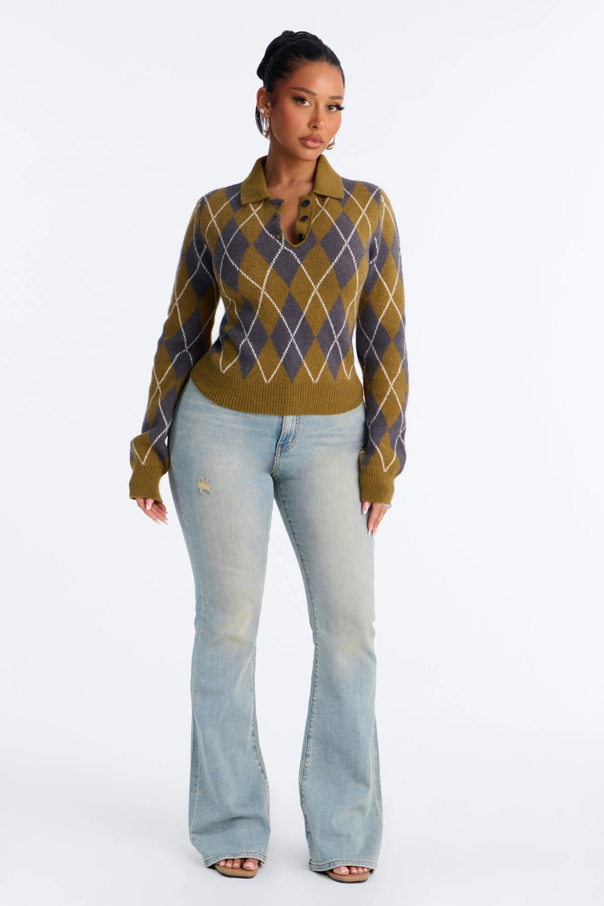 Steady Flow Argyle Polo Sweater - Olive/combo — Verde-azeitona/combinação