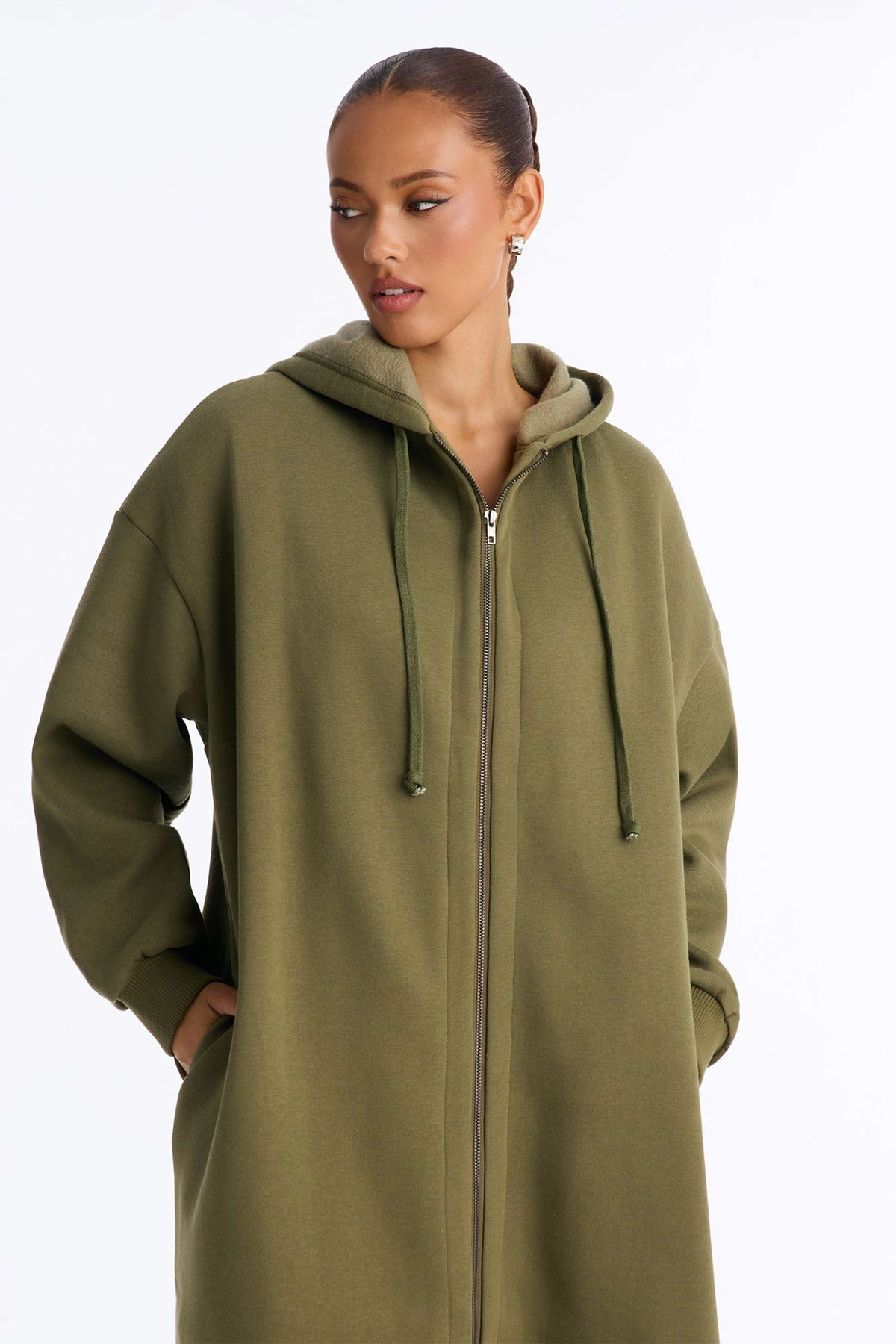 Sunday Lounge Fleece Hooded Long Jacket - Olive — Verde-azeitona