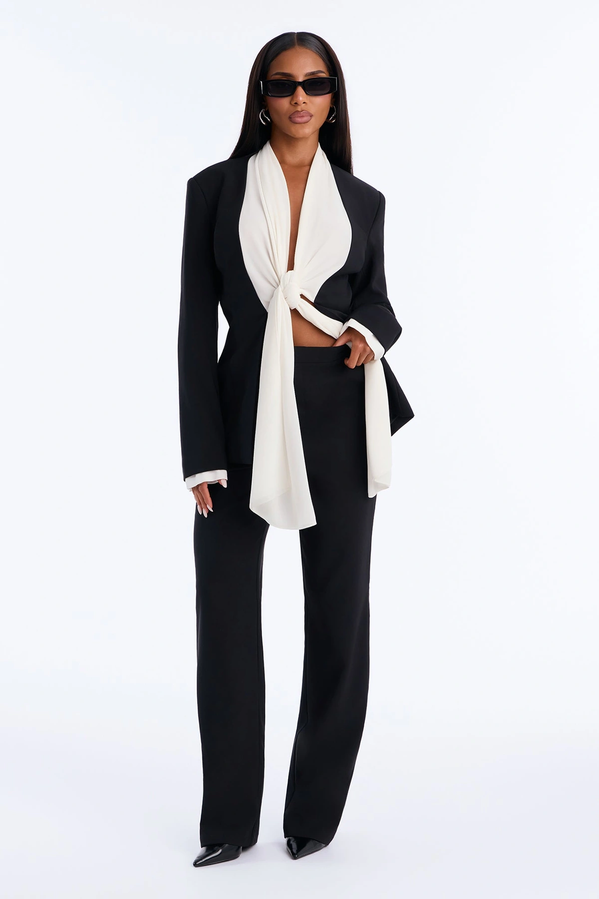 Pia Draped Blazer Pant Set - Black — Preto