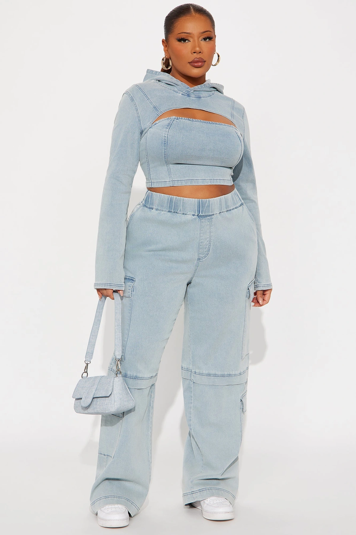 Leylah Denim Cargo Pant Set - Light Wash — Ganga de lavagem clara