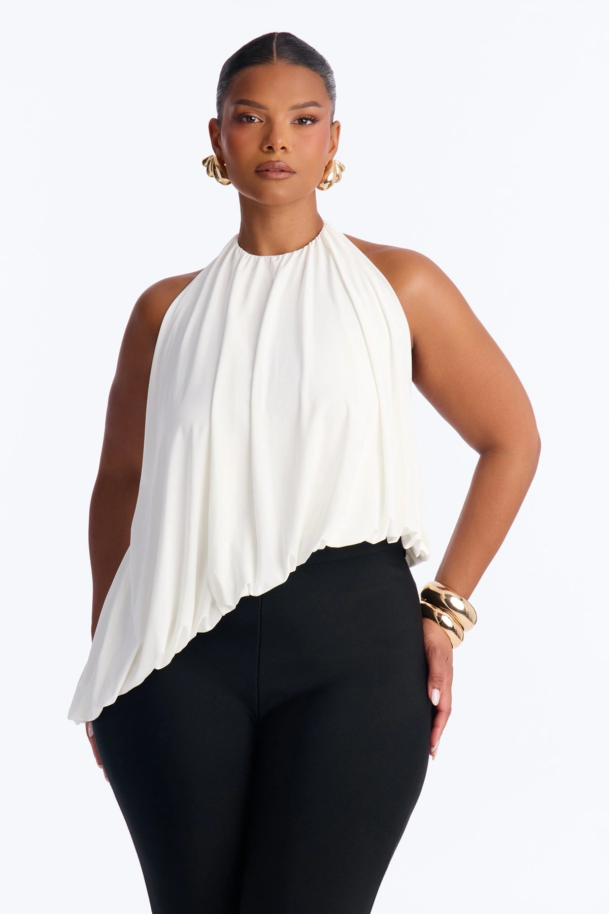 Selena Ruched Asymmetrical Halter Top - White — Branco