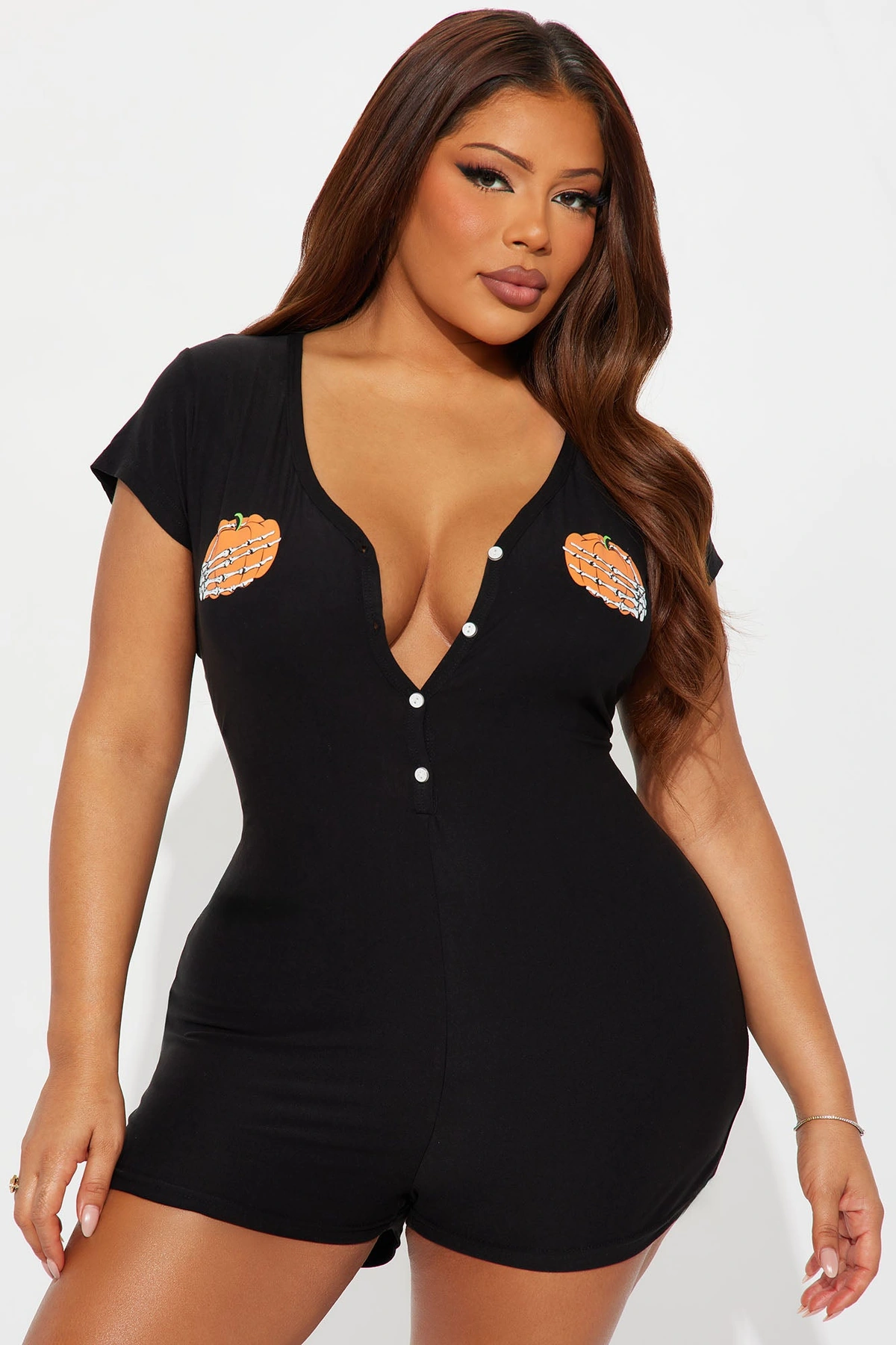 Grab My Pumpkins Halloween PJ Romper Onesie - Black — Preto