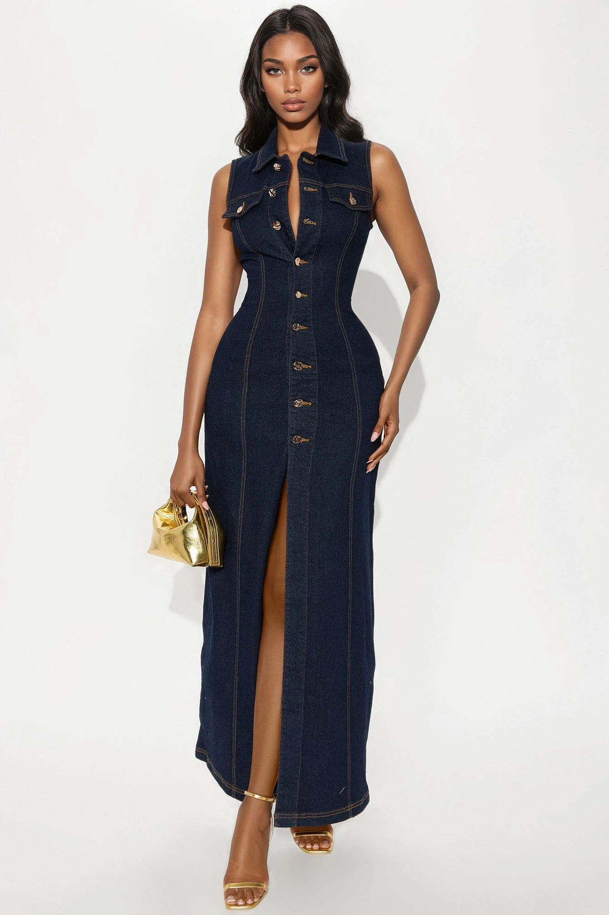 Deandra Denim Stretch Maxi Dress - Dark Denim — escuro Ganga