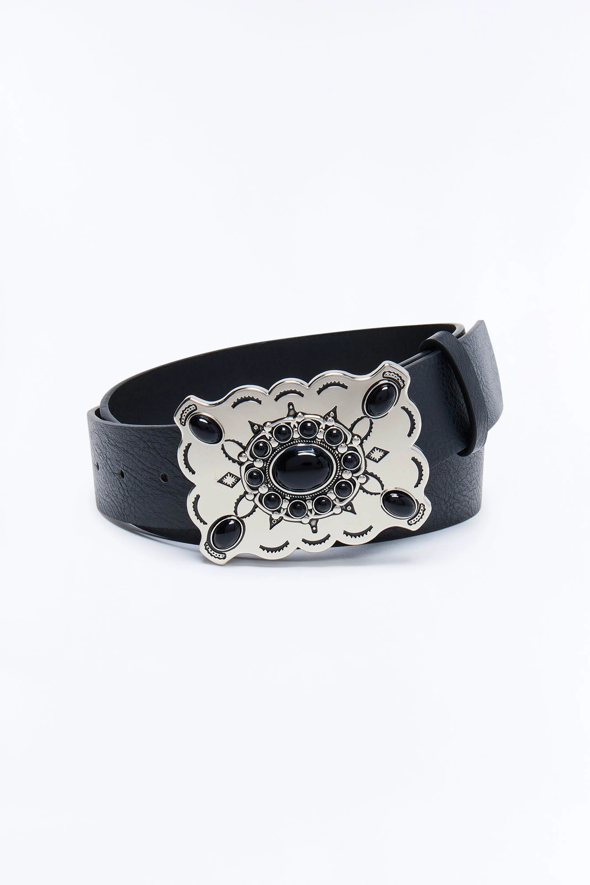 Desert Flower Faux Leather Belt - Silver/Black — Prateado/Preto
