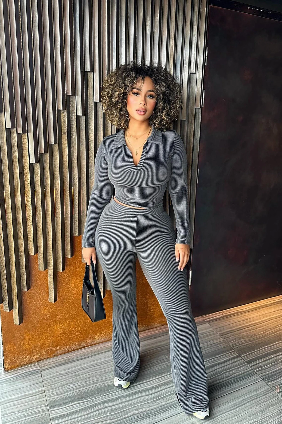 Josie Ribbed Long Sleeve Set - Charcoal — Cinzento-escuro
