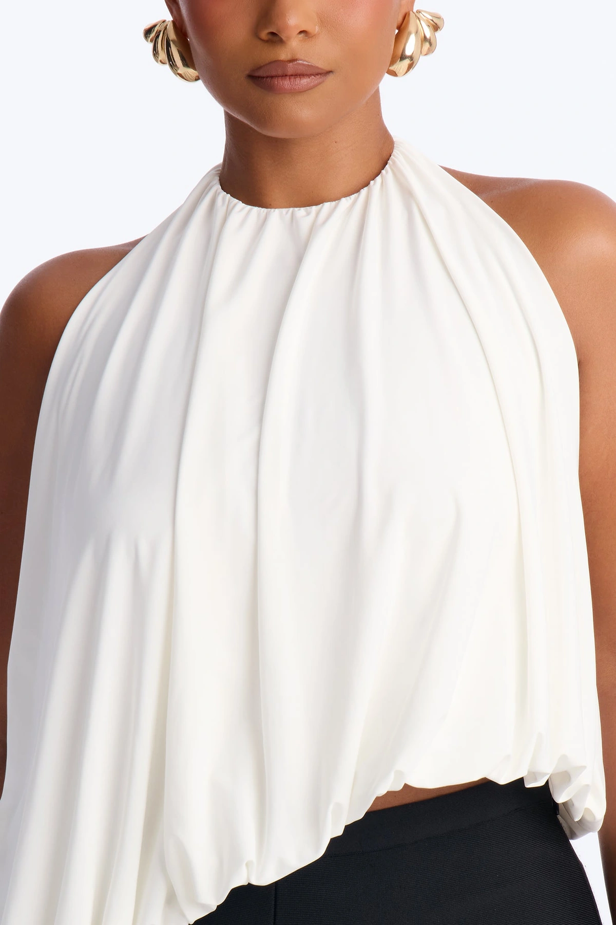 Selena Ruched Asymmetrical Halter Top - White — Branco