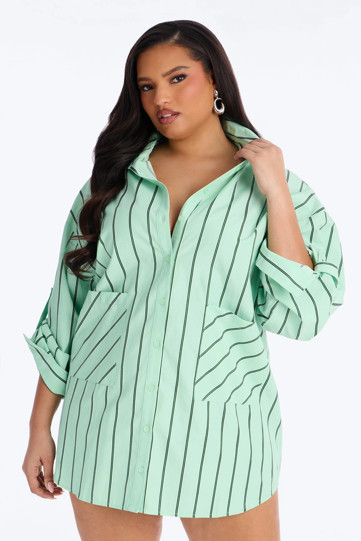 Izzy Pinstripe Shirt Micro Mini Dress - Green — Verde