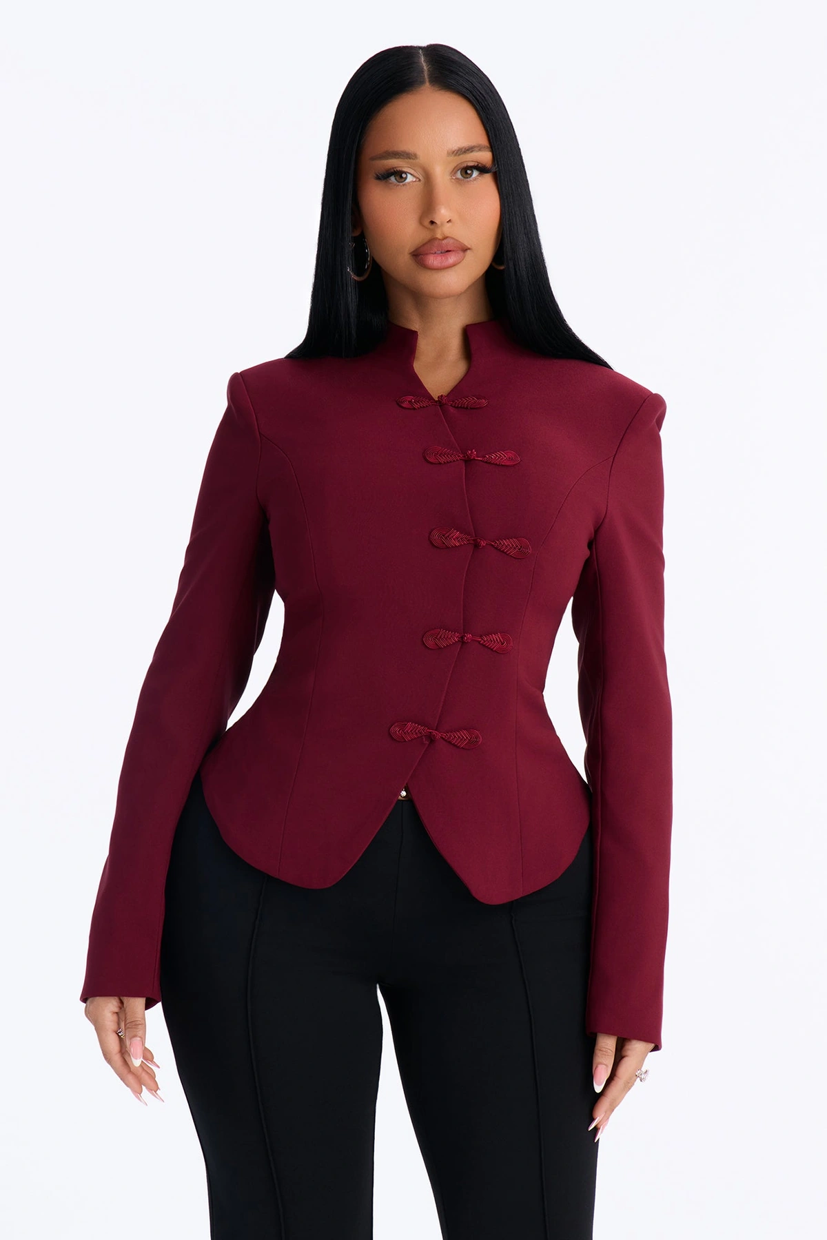 Daphne Frog Closure Peplum Blazer - Burgundy — Bordô