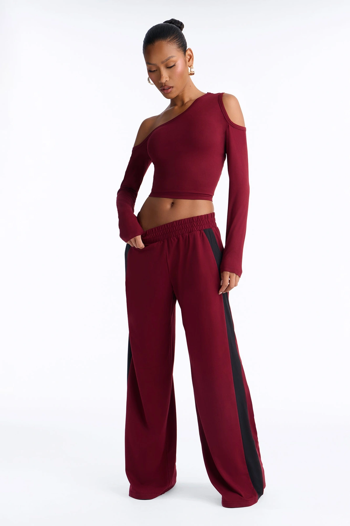 Casual Friday Off Shoulder Pant Set - Wine/combo — Vinho/combinação