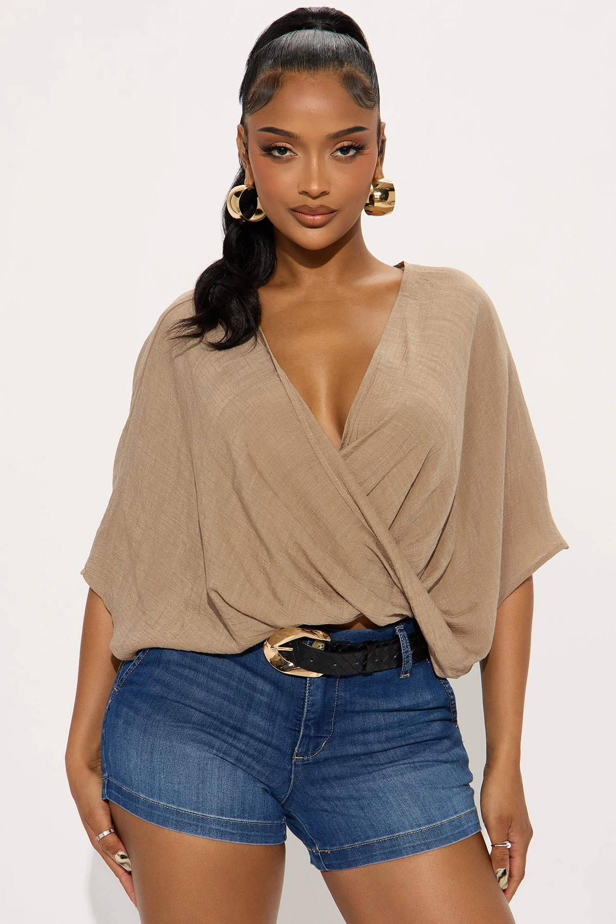 Annah Gauze Blouse Top - Taupe — Bege acinzentado
