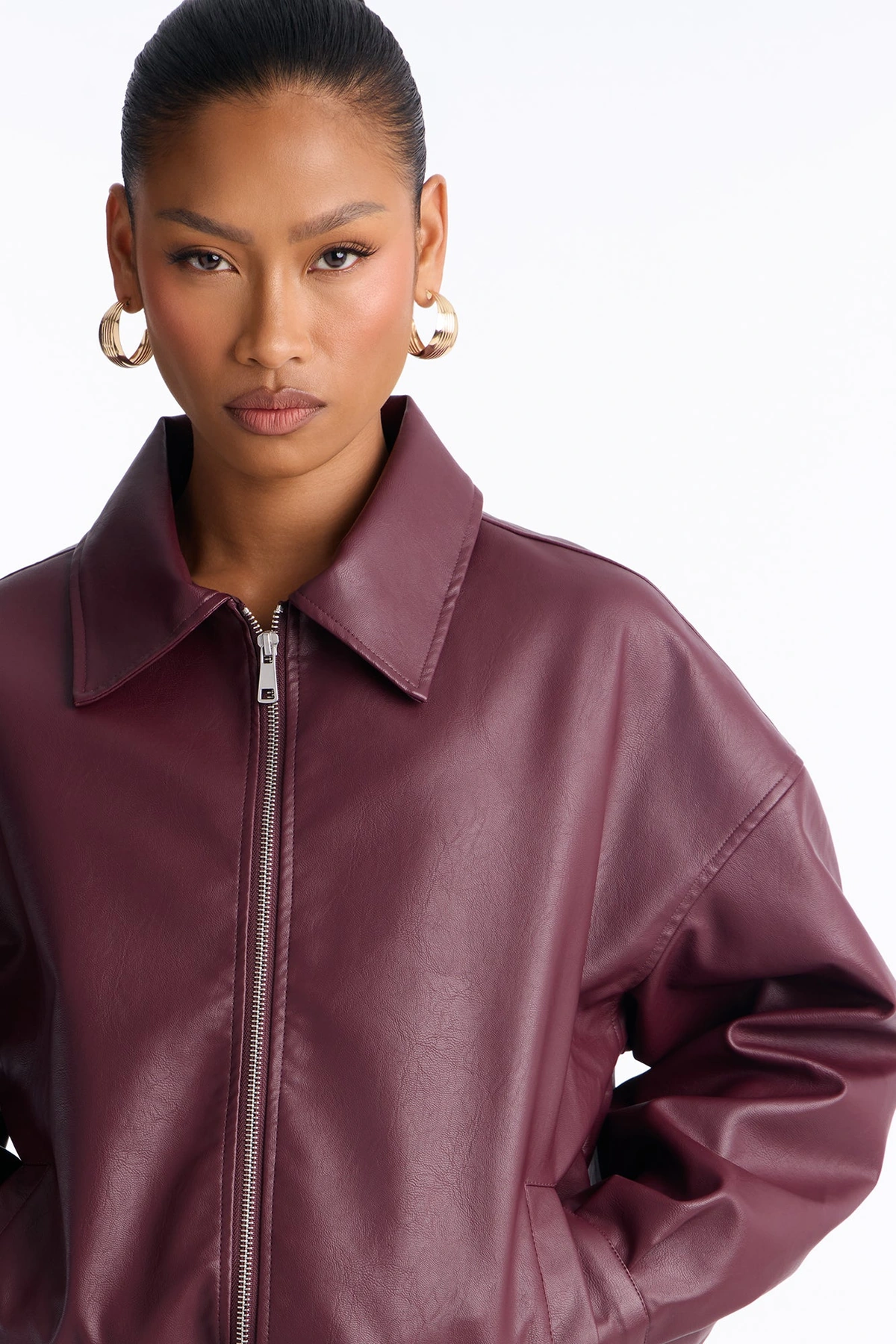 Hustle Mode Oversized Faux Leather Jacket - Burgundy — Bordô