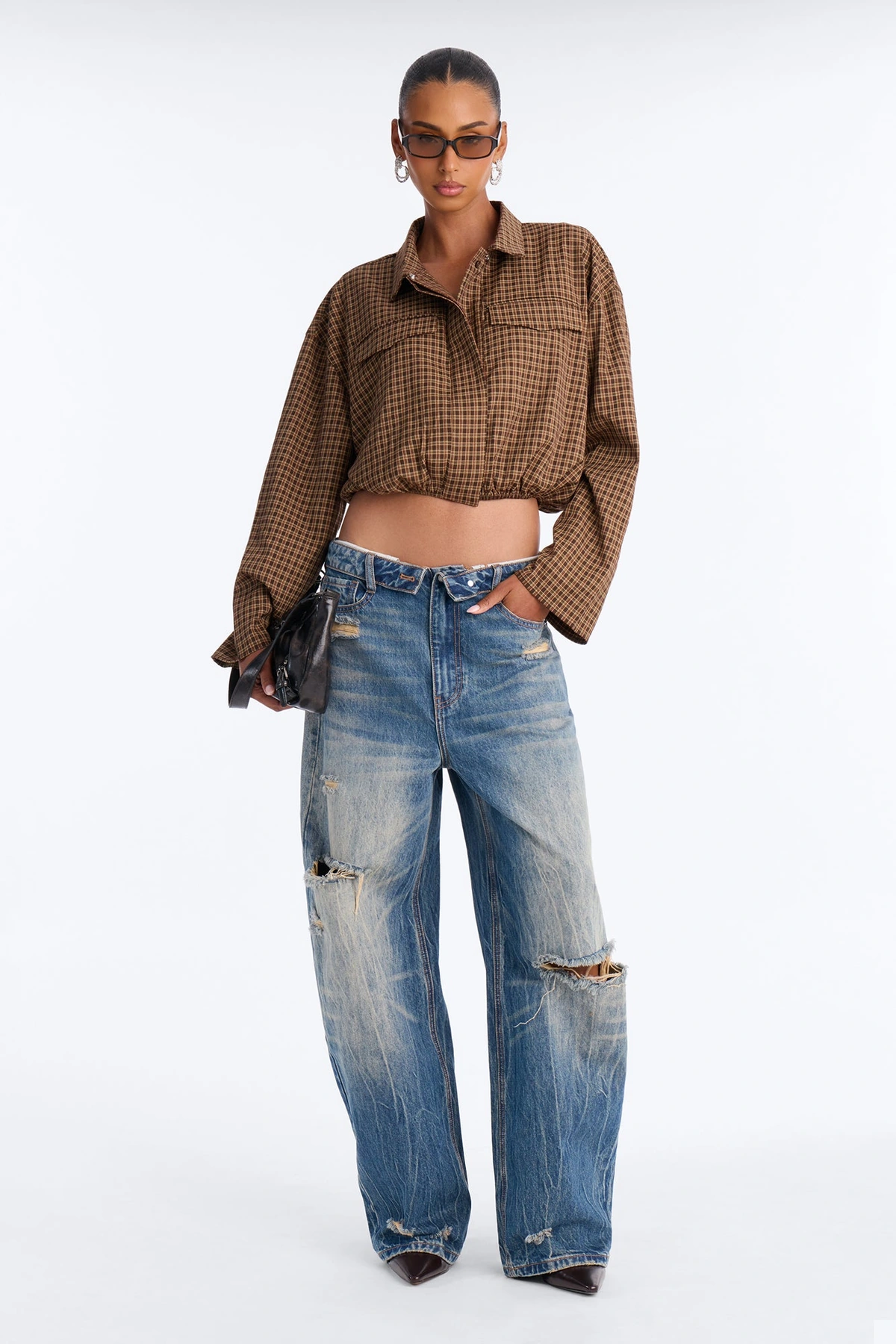 Autumn Skies Plaid Button Up Blouse - Brown/combo — Castanho/combinação