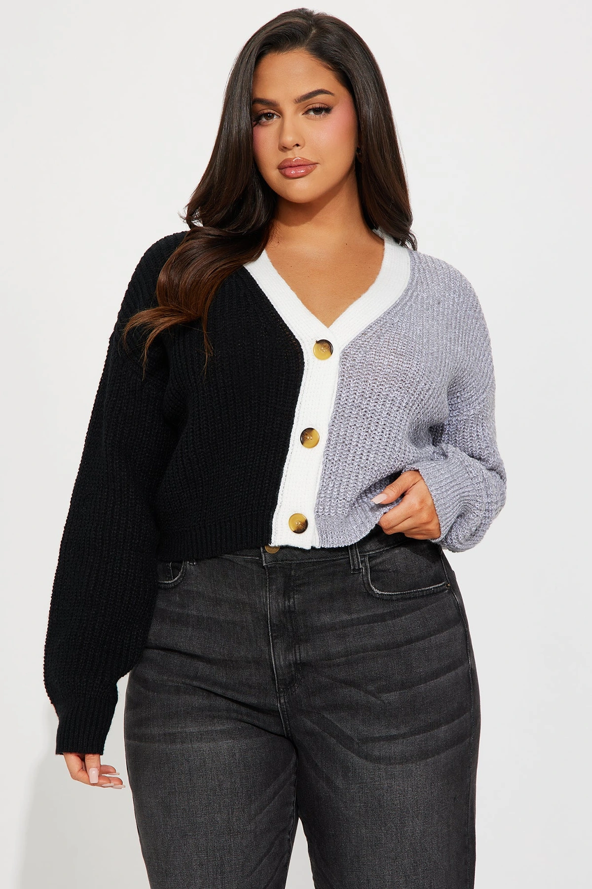Katja Color Block Cropped Cardigan - Black/combo — Preto/combinação