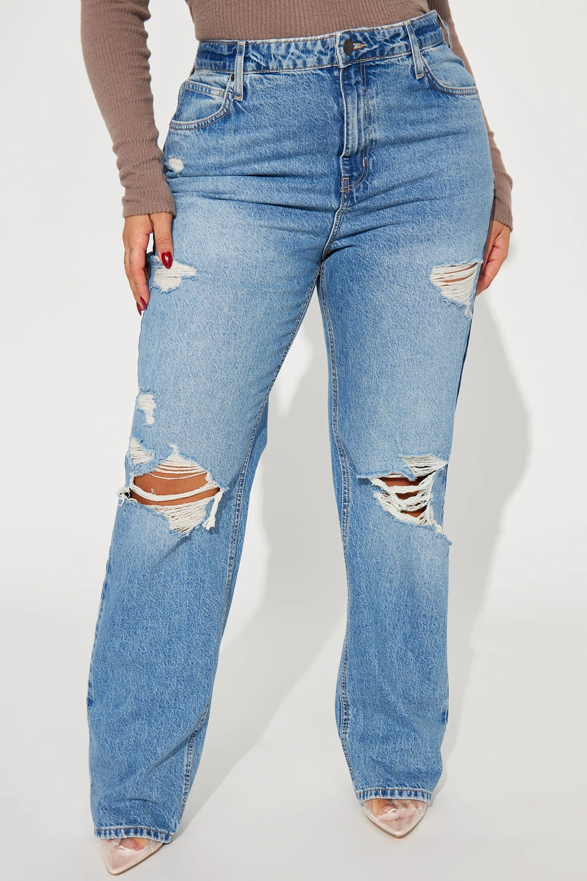 Unbothered Queen Ripped Straight Leg Jeans - Vintage Wash — Ganga de lavagem envelhecida