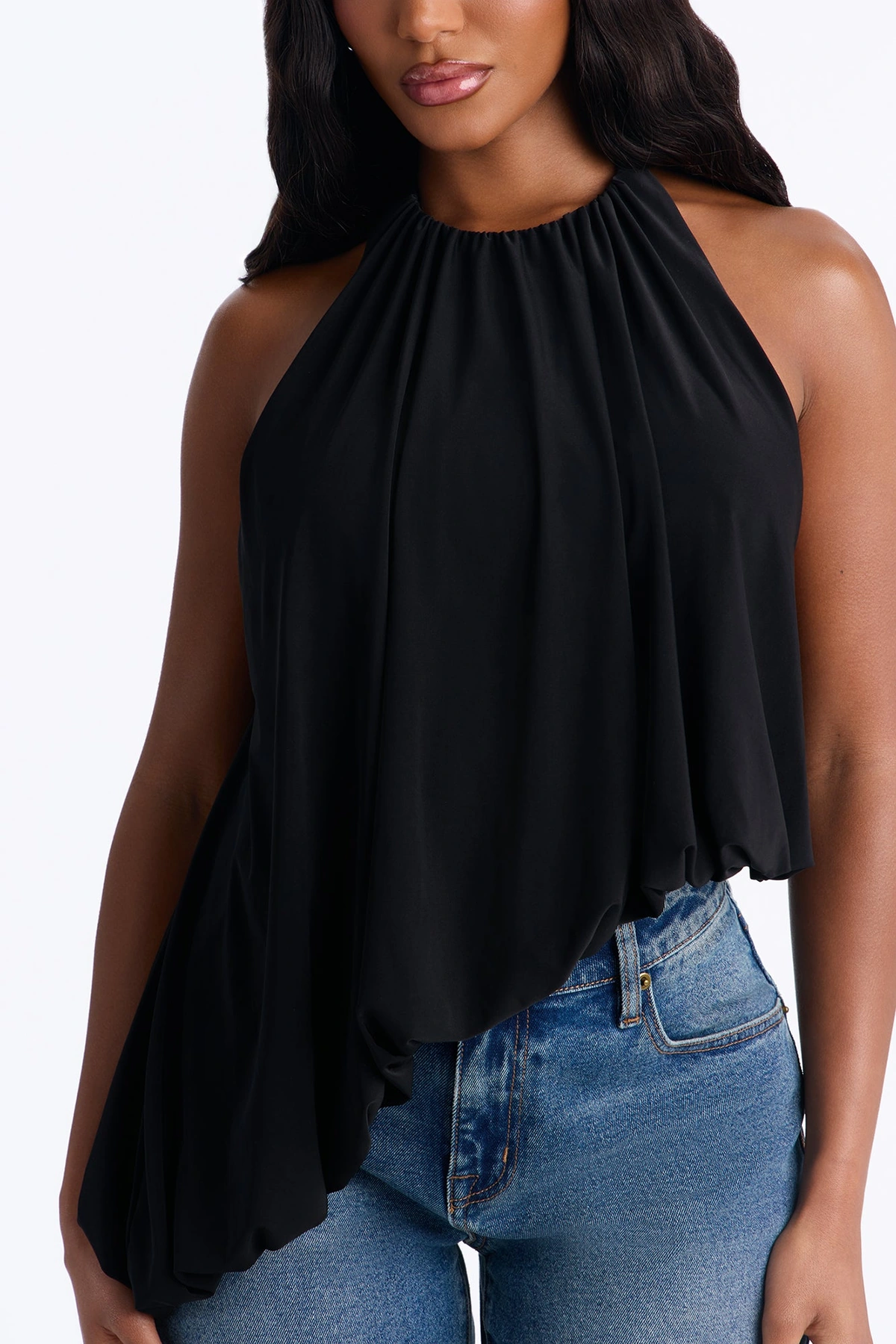Selena Ruched Asymmetrical Halter Top - Black — Preto