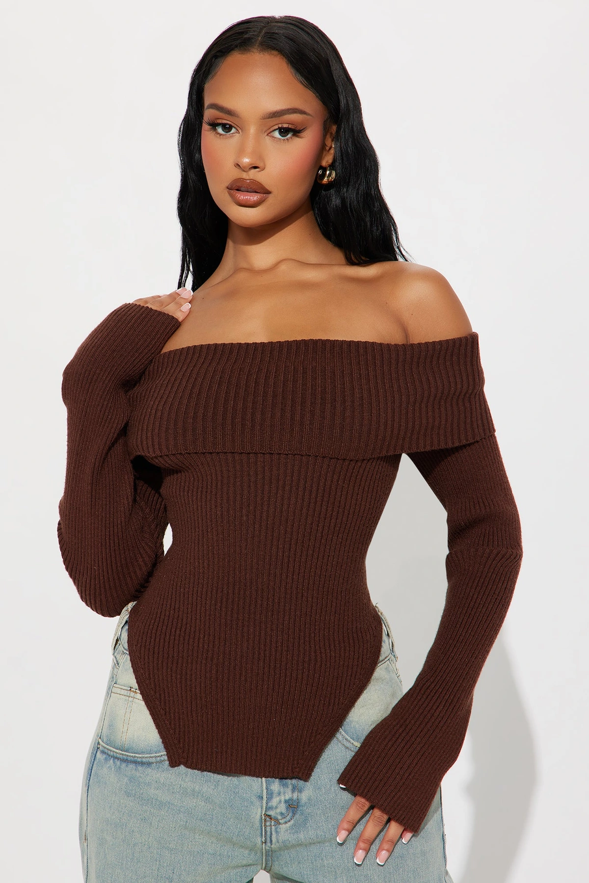 Karma Off Shoulder Sweater - Chocolate — Chocolate