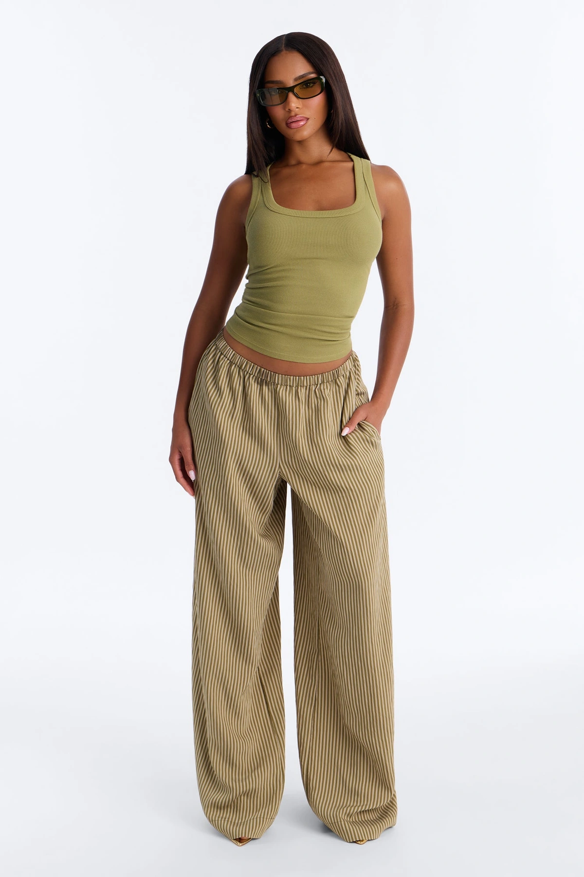 Fawn Stripe Wide Leg Pant 33″ - Olive/combo — Verde-azeitona/combinação