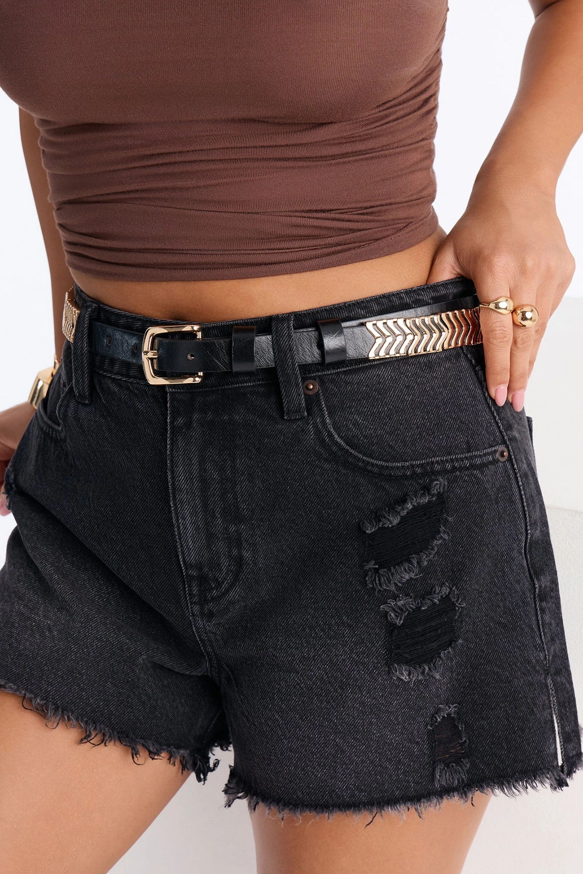 Iron Trail Faux Leather Belt - Black/Gold — Preto/Dourado