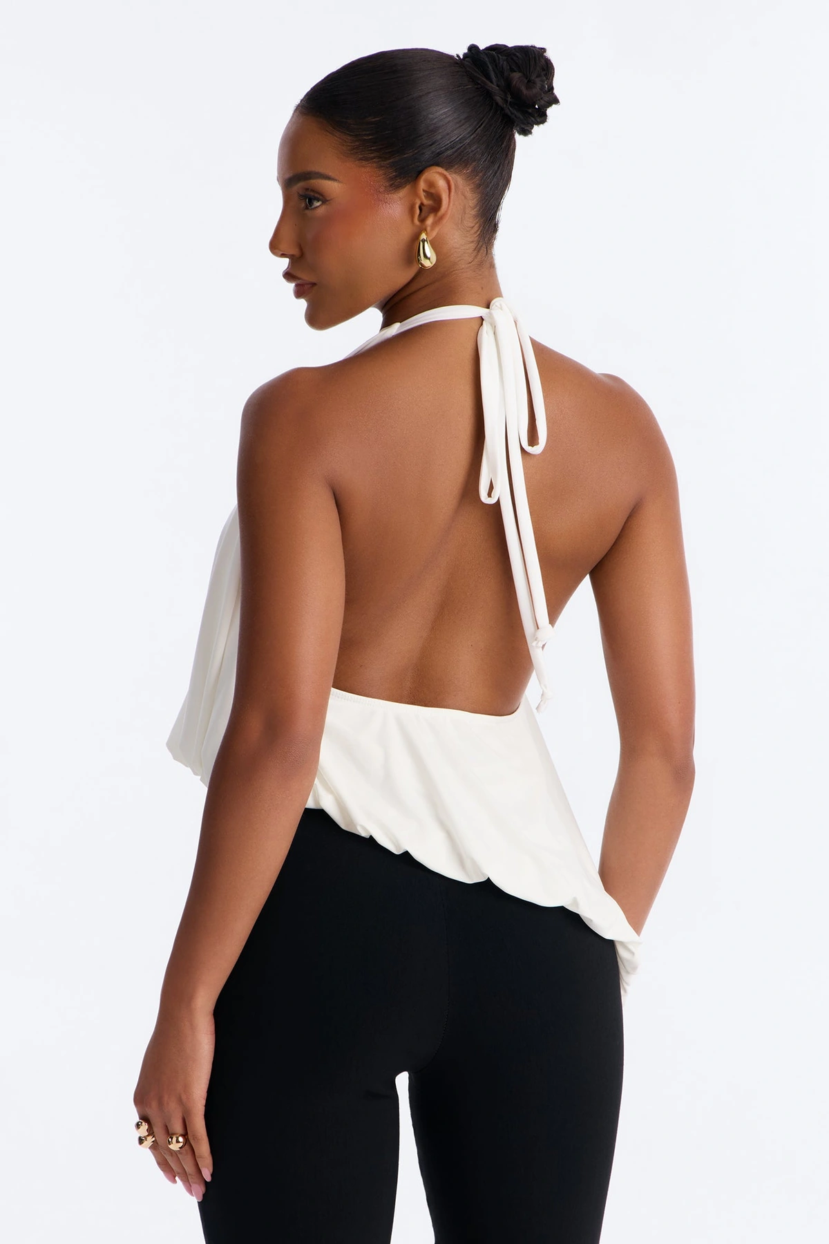 Selena Ruched Asymmetrical Halter Top - White — Branco