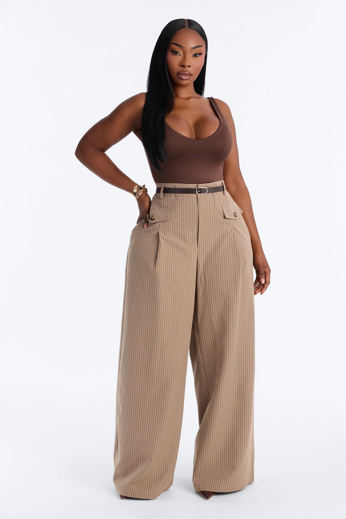 Maisie High Rise Belted Wide Leg Trouser - Taupe — Bege acinzentado