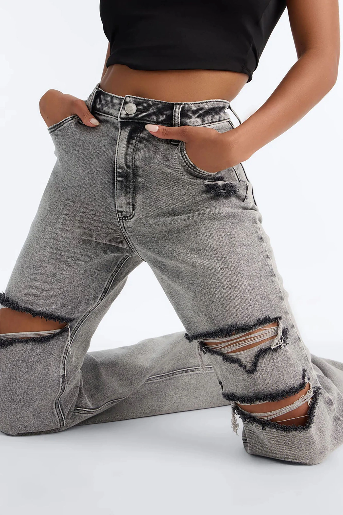 Tall Remi Ripped Stretch Baggy Jeans - Grey — Cinzento