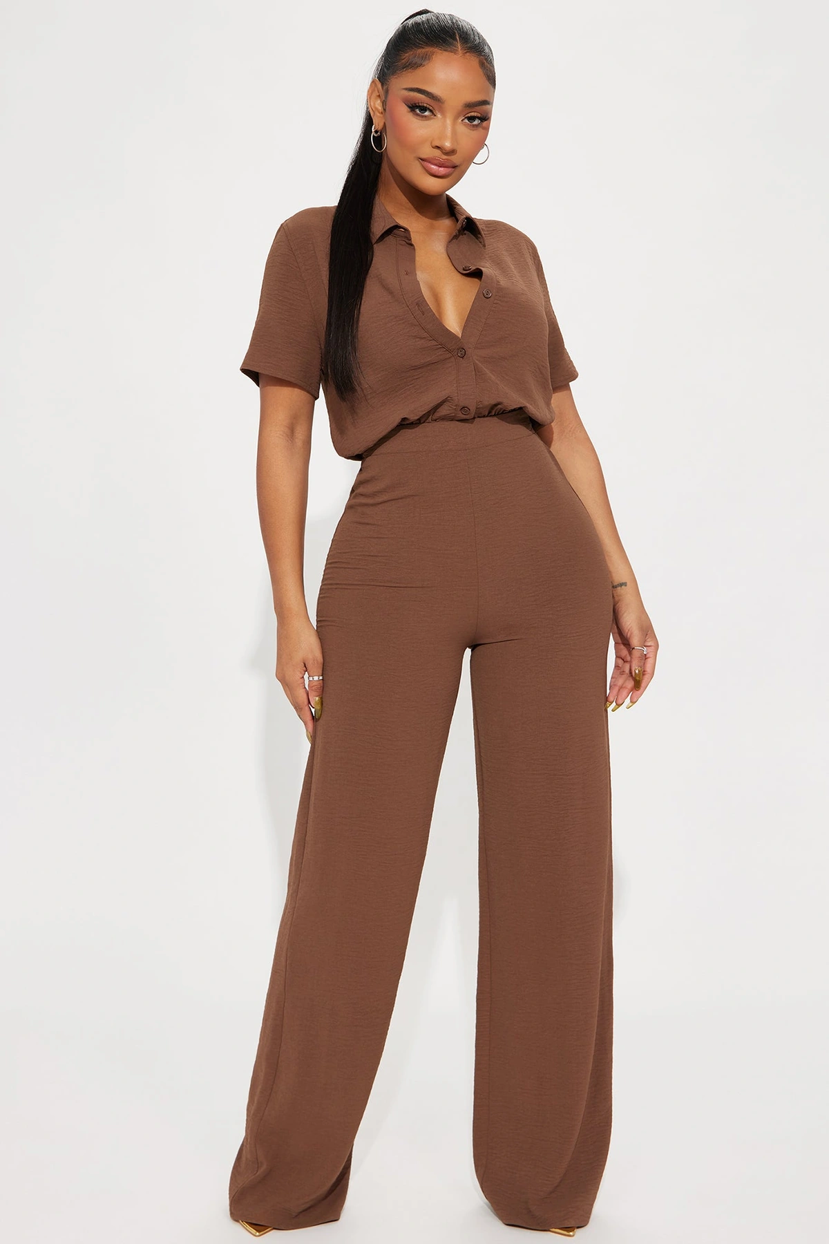 Makenzie Short Sleeve Jumpsuit - Chocolate — Chocolate