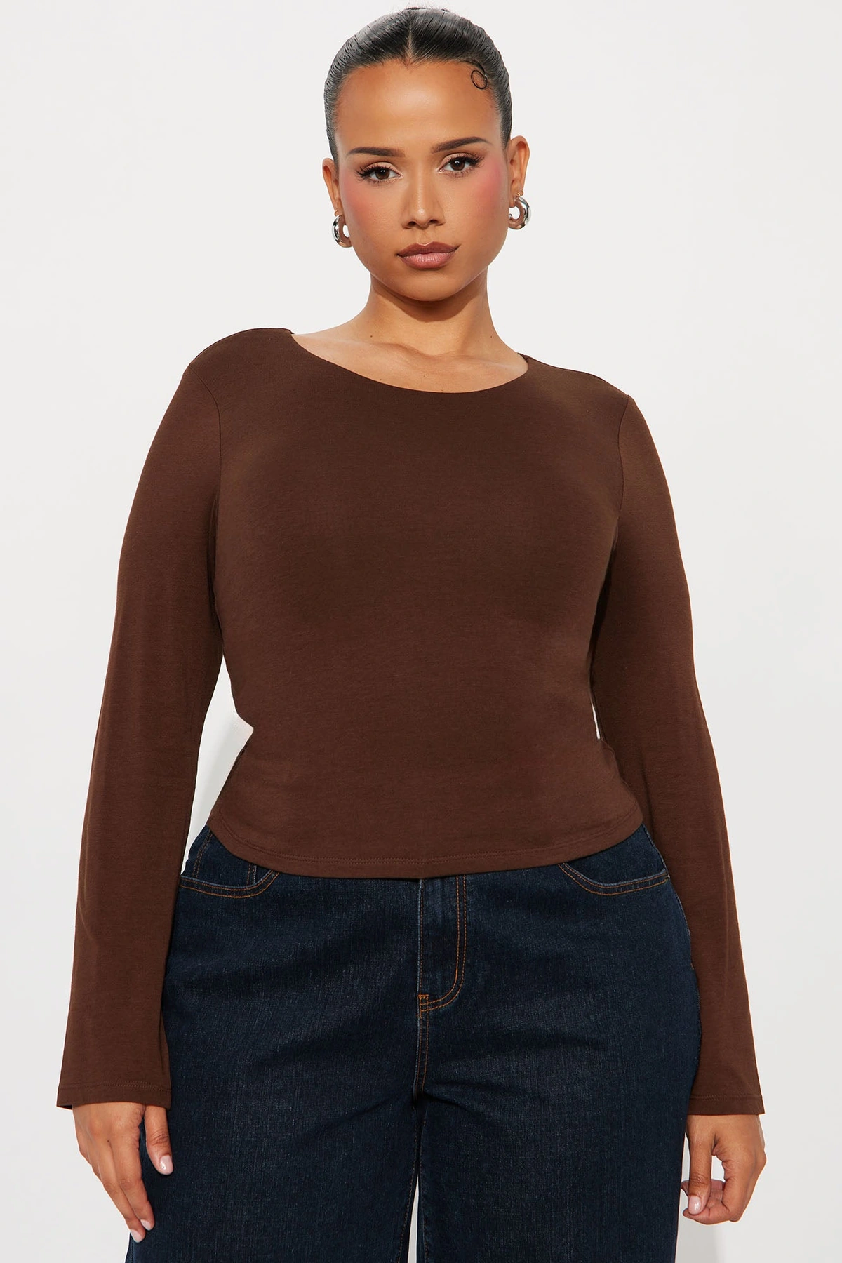 Gianna Double Lined Long Sleeve Top - Brown — Castanho