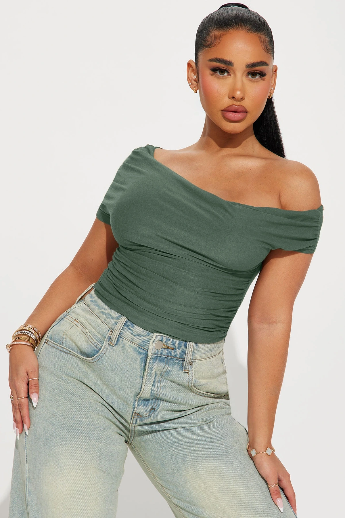 Oksana One Shoulder Top - Olive — Verde-azeitona