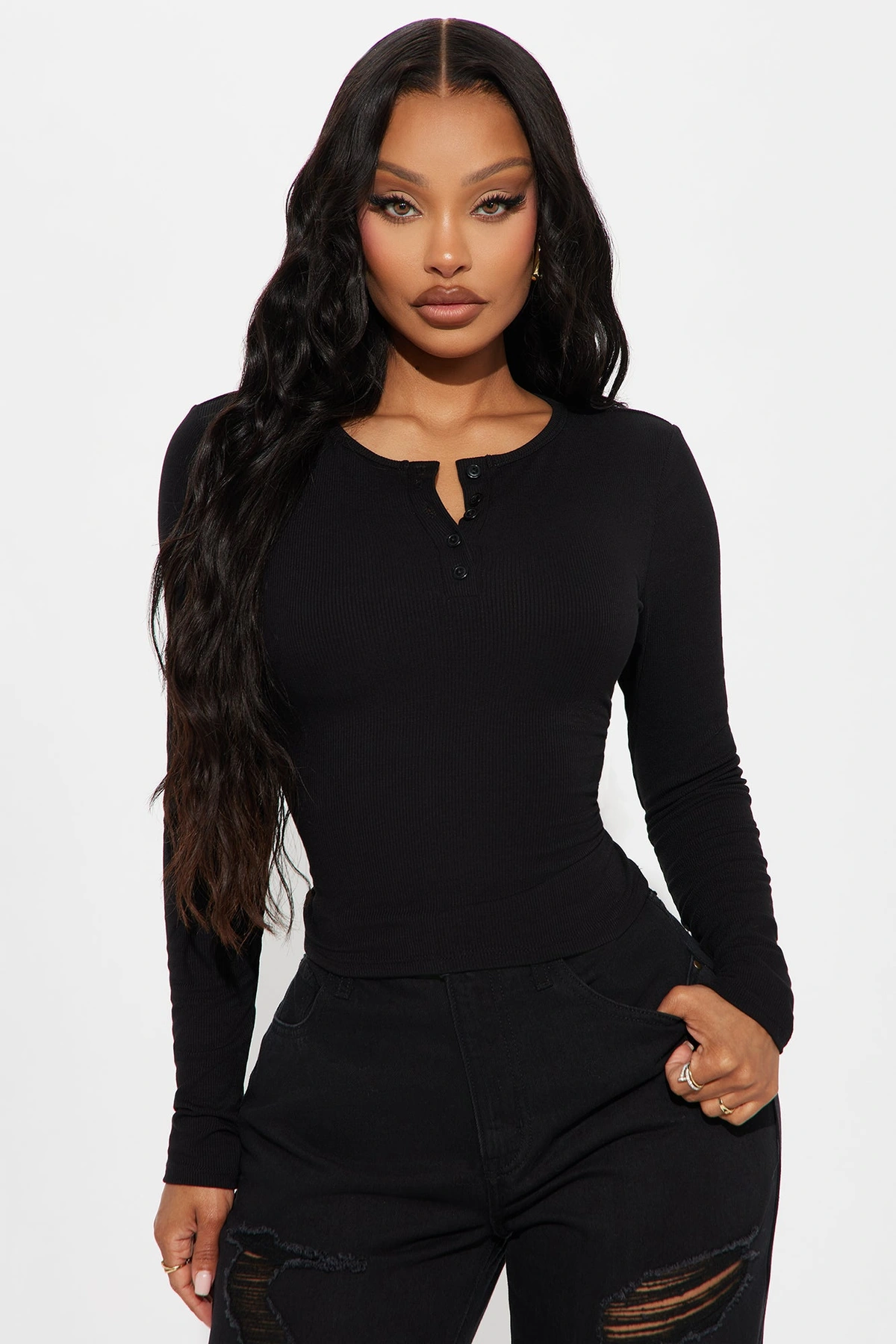Symphony Henley Long Sleeve Top - Black — Preto