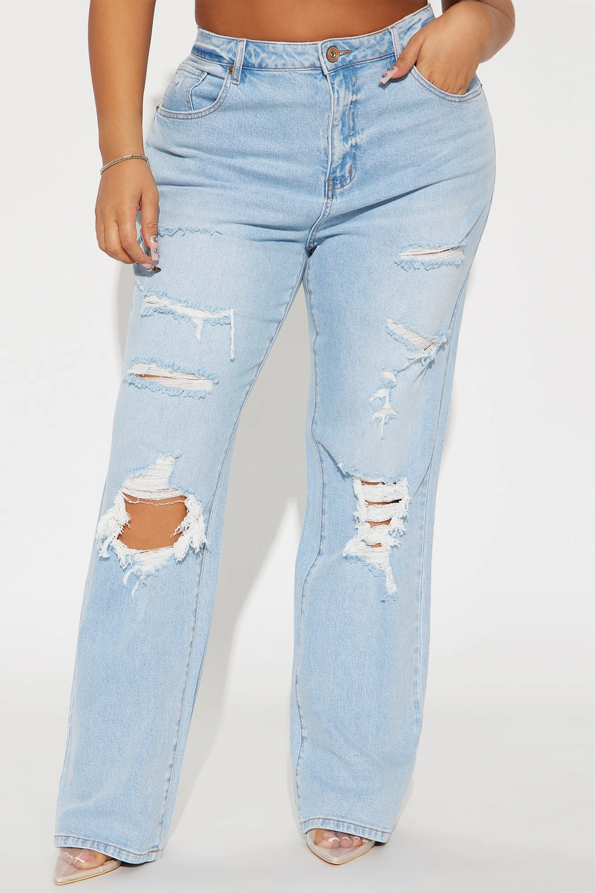 Posted Stretch Ripped Straight Leg Jeans - Light Wash — Ganga de lavagem clara