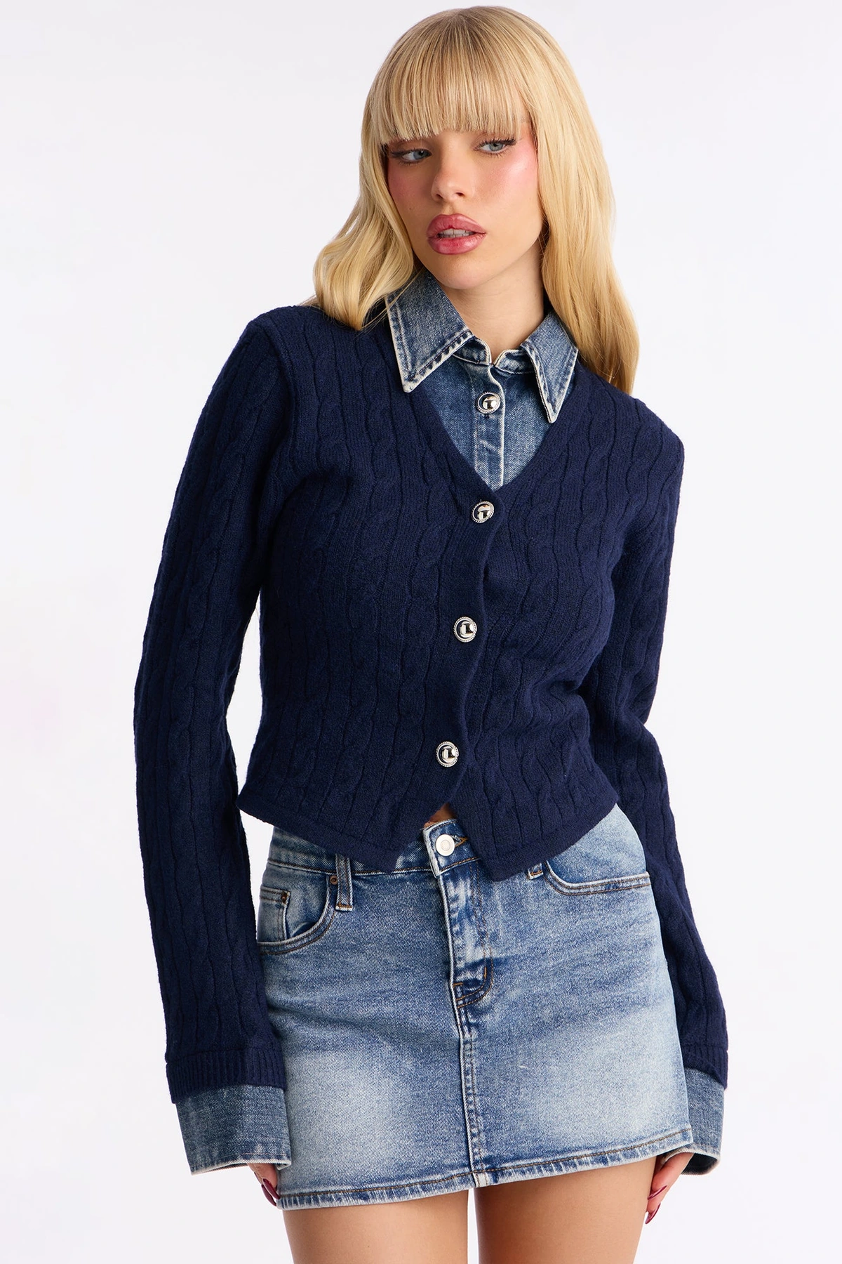 All Too Well Denim Contrast Cable Knit Cardigan - Navy/combo — Azul-marinho/combinação