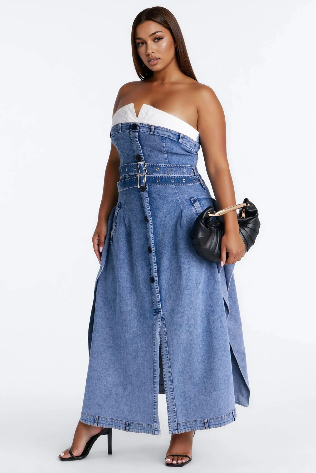 Tailored Grace Denim Maxi Dress - Medium Wash — Ganga de lavagem média