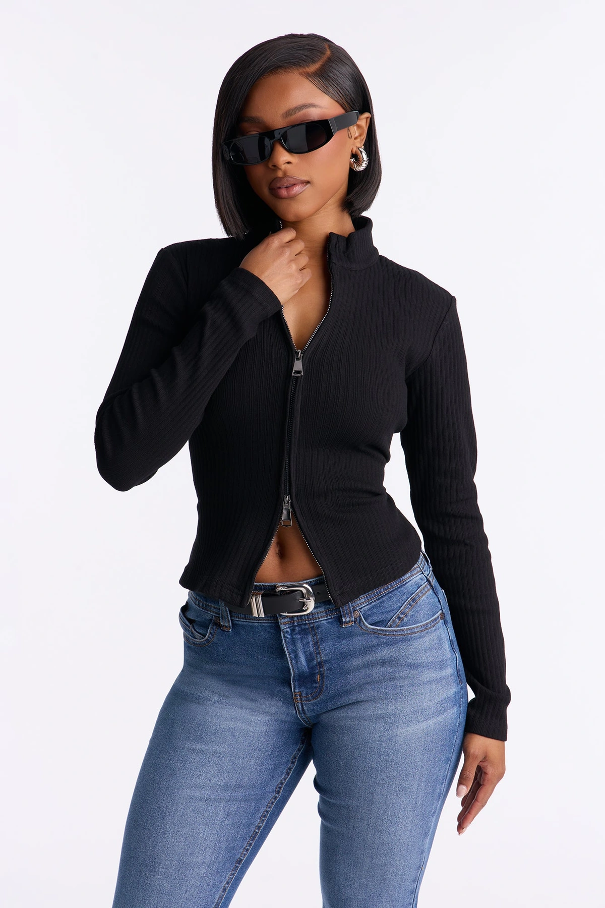 Aubrey Front Zip Cardigan - Black — Preto