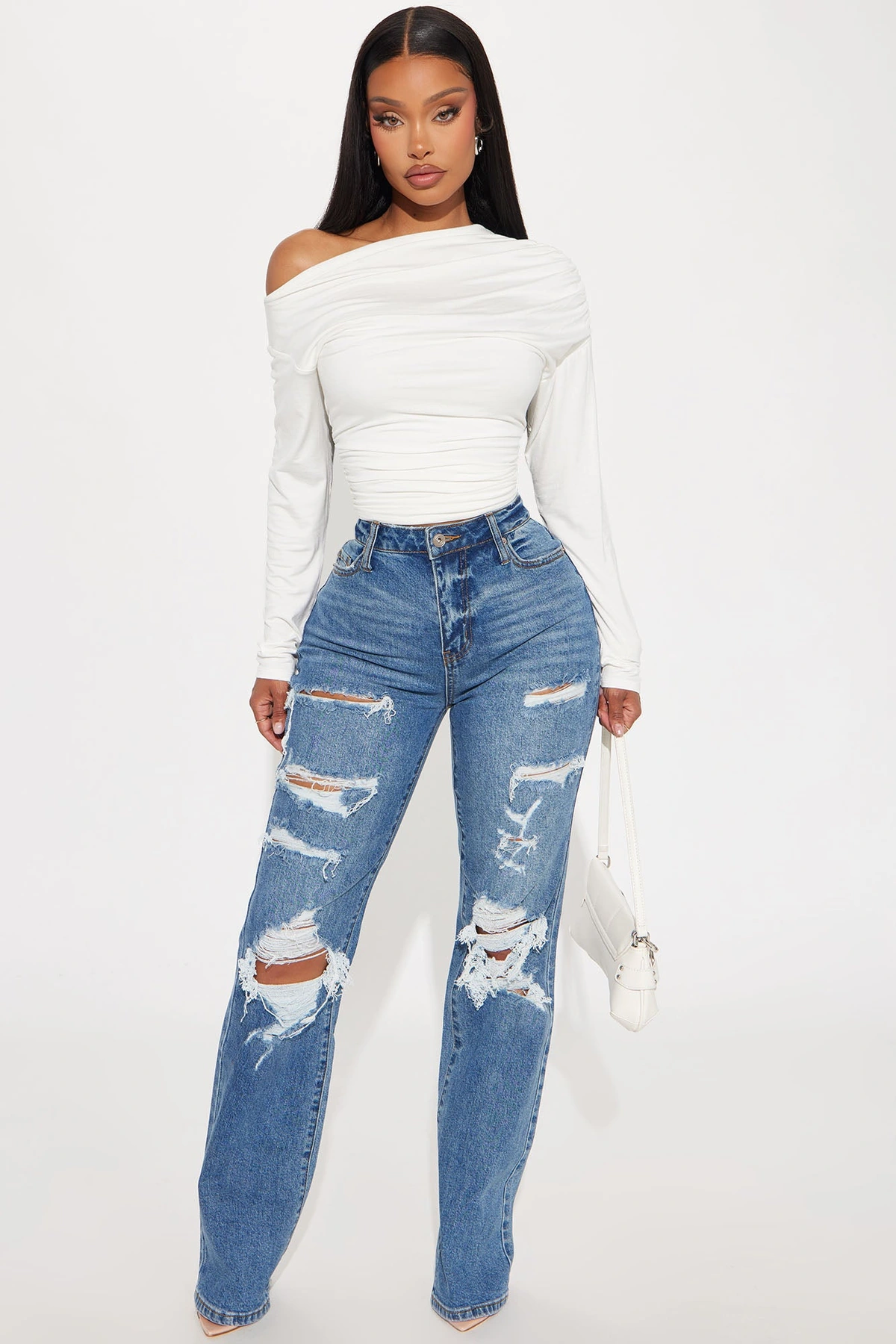 Posted Stretch Ripped Straight Leg Jeans - Medium Wash — Ganga de lavagem média