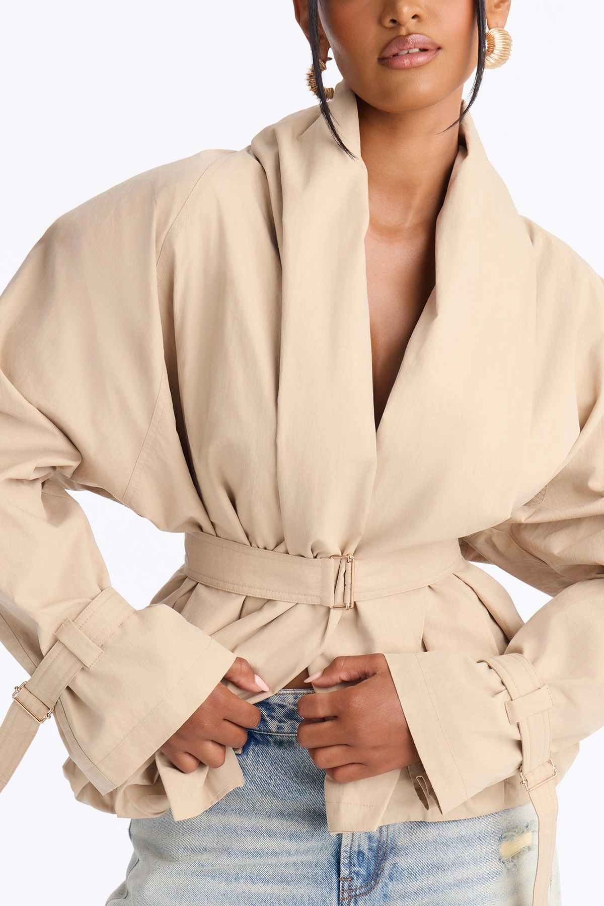 Caitlyn Gathered Belted Shawl Collar Twill Coat - Khaki — Caqui
