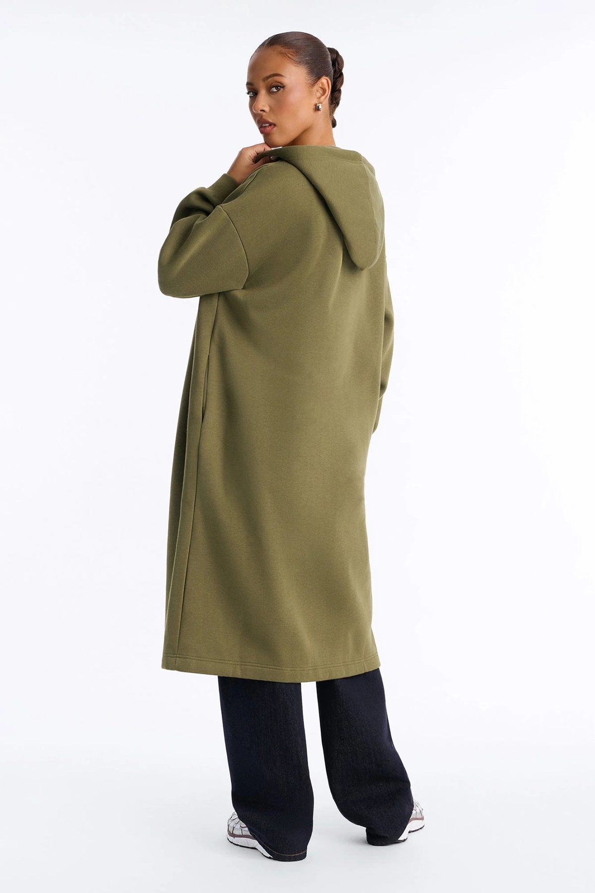Sunday Lounge Fleece Hooded Long Jacket - Olive — Verde-azeitona