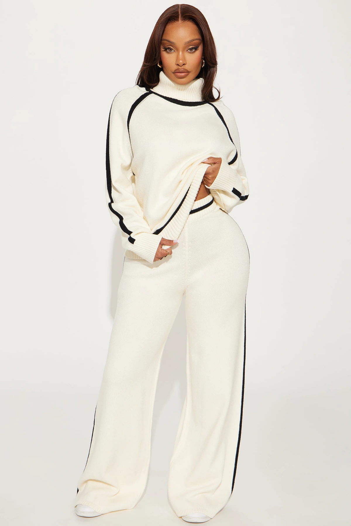 What's The Tea Sweater Wide Leg Pant Set - Cream/combo — Creme/combinação