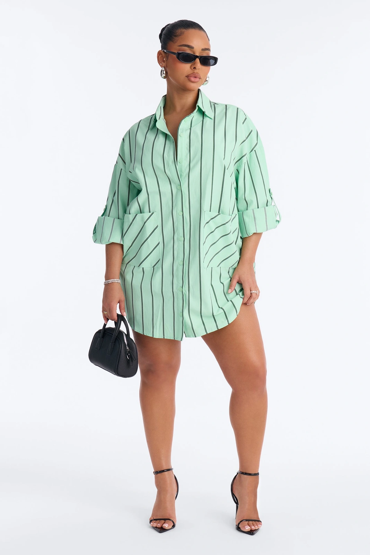 Izzy Pinstripe Shirt Micro Mini Dress - Green — Verde