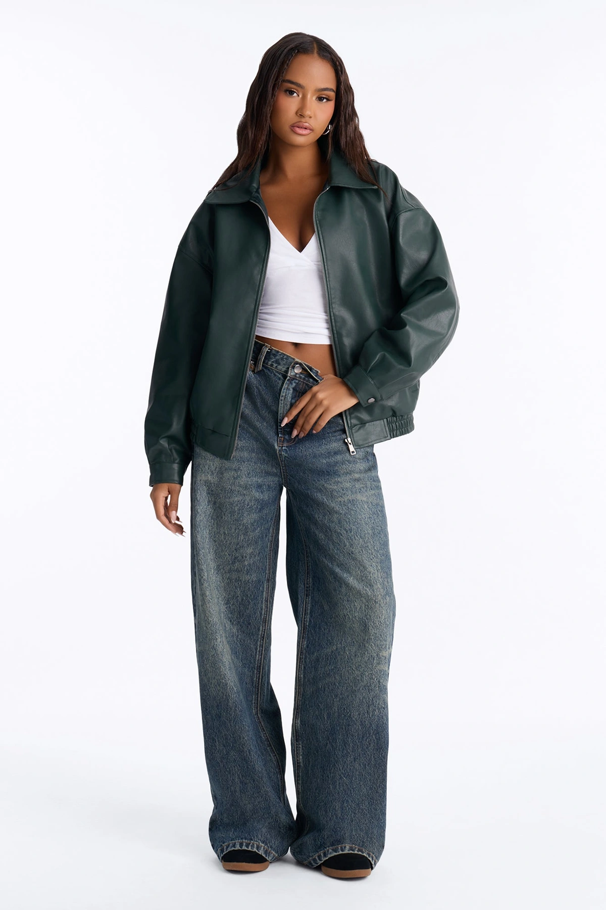Hustle Mode Oversized Faux Leather Jacket - Hunter — Verde-escuro