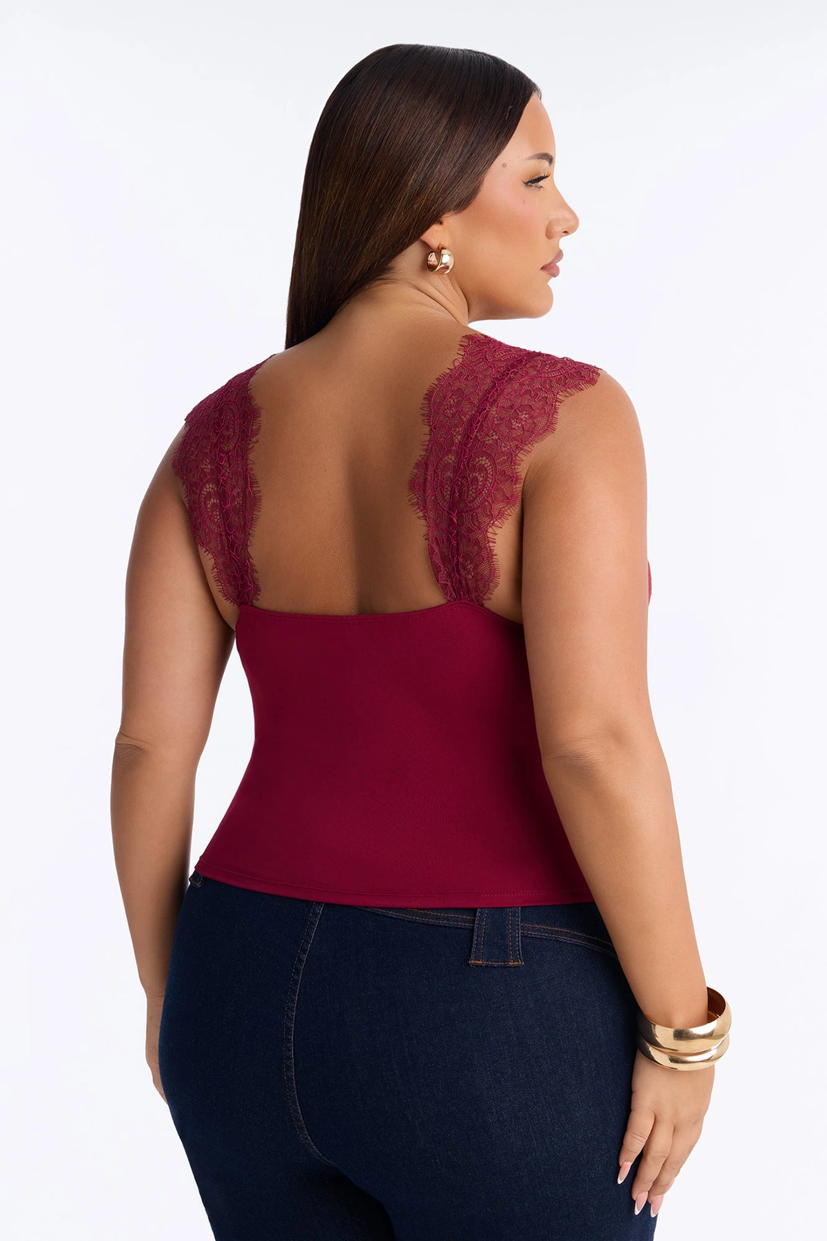 Janet Lace Trim Cowl Tank Top - Burgundy — Bordô