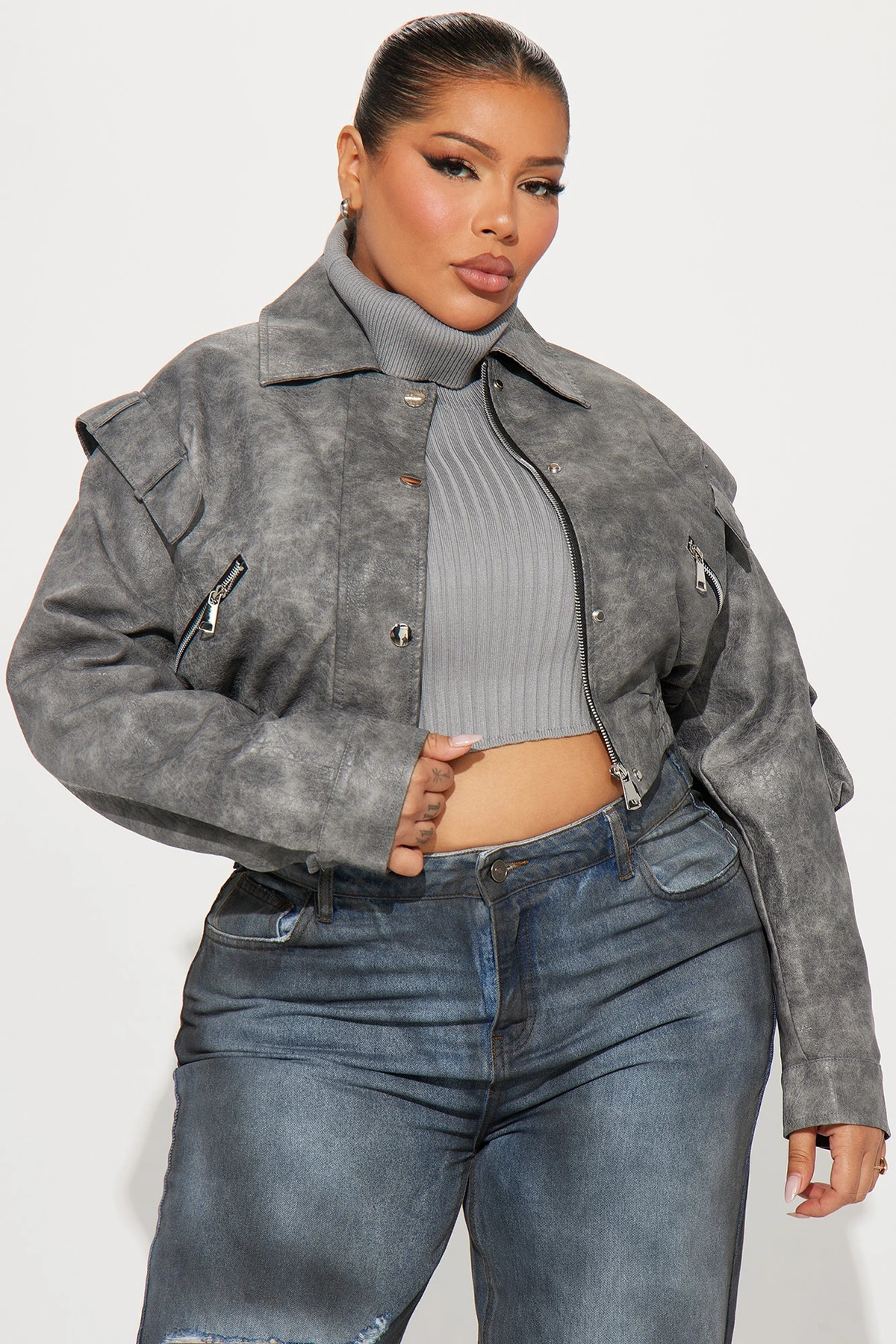 Harper Washed Faux Leather Jacket - Grey — Cinzento