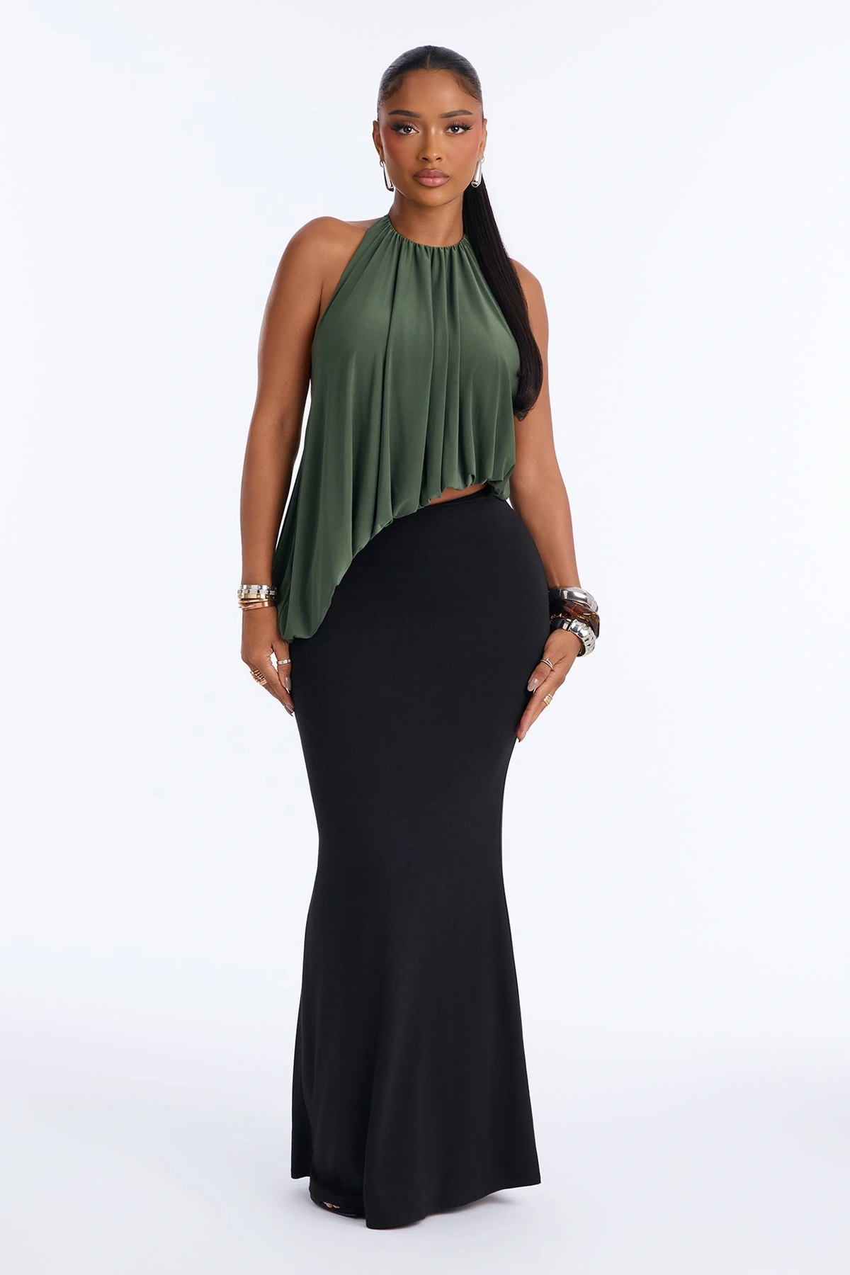 Selena Ruched Asymmetrical Halter Top - Olive — Verde-azeitona