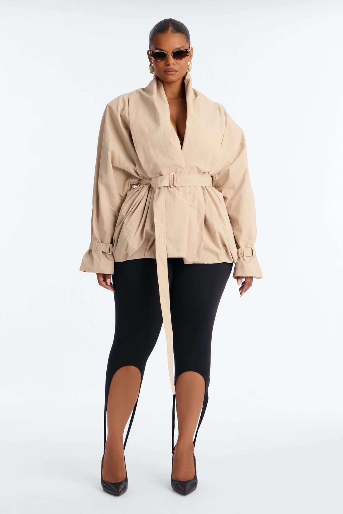 Caitlyn Gathered Belted Shawl Collar Twill Coat - Khaki — Caqui