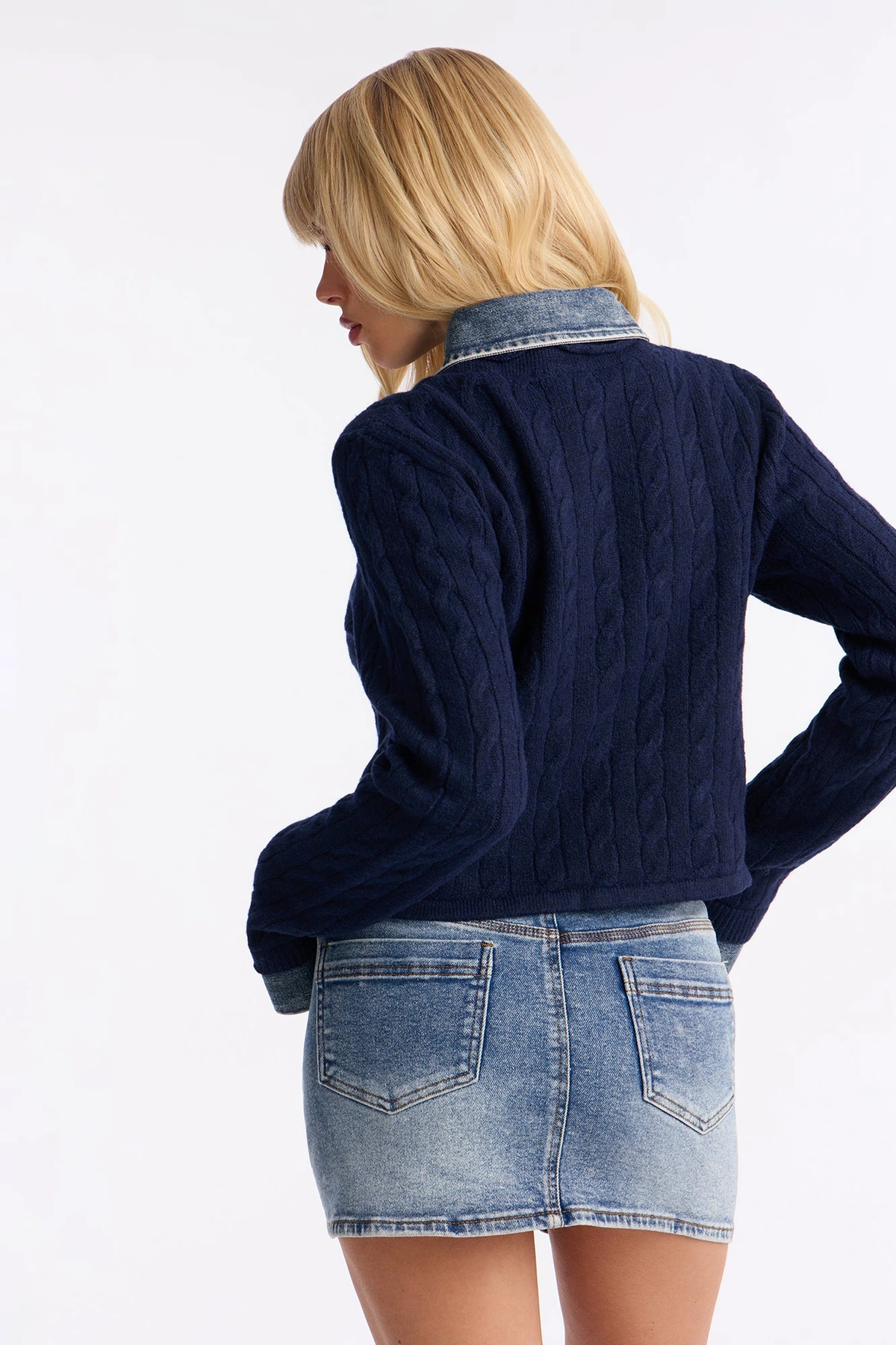 All Too Well Denim Contrast Cable Knit Cardigan - Navy/combo — Azul-marinho/combinação