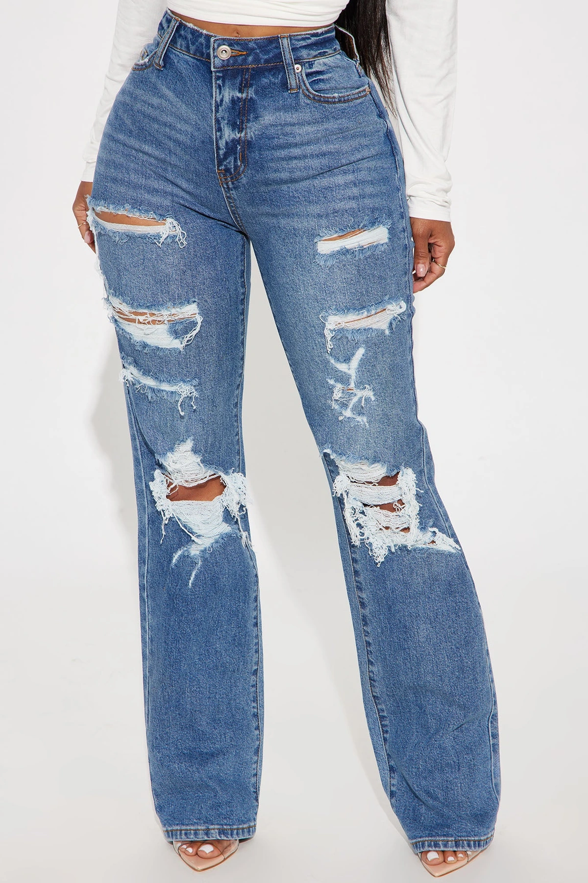 Posted Stretch Ripped Straight Leg Jeans - Medium Wash — Ganga de lavagem média
